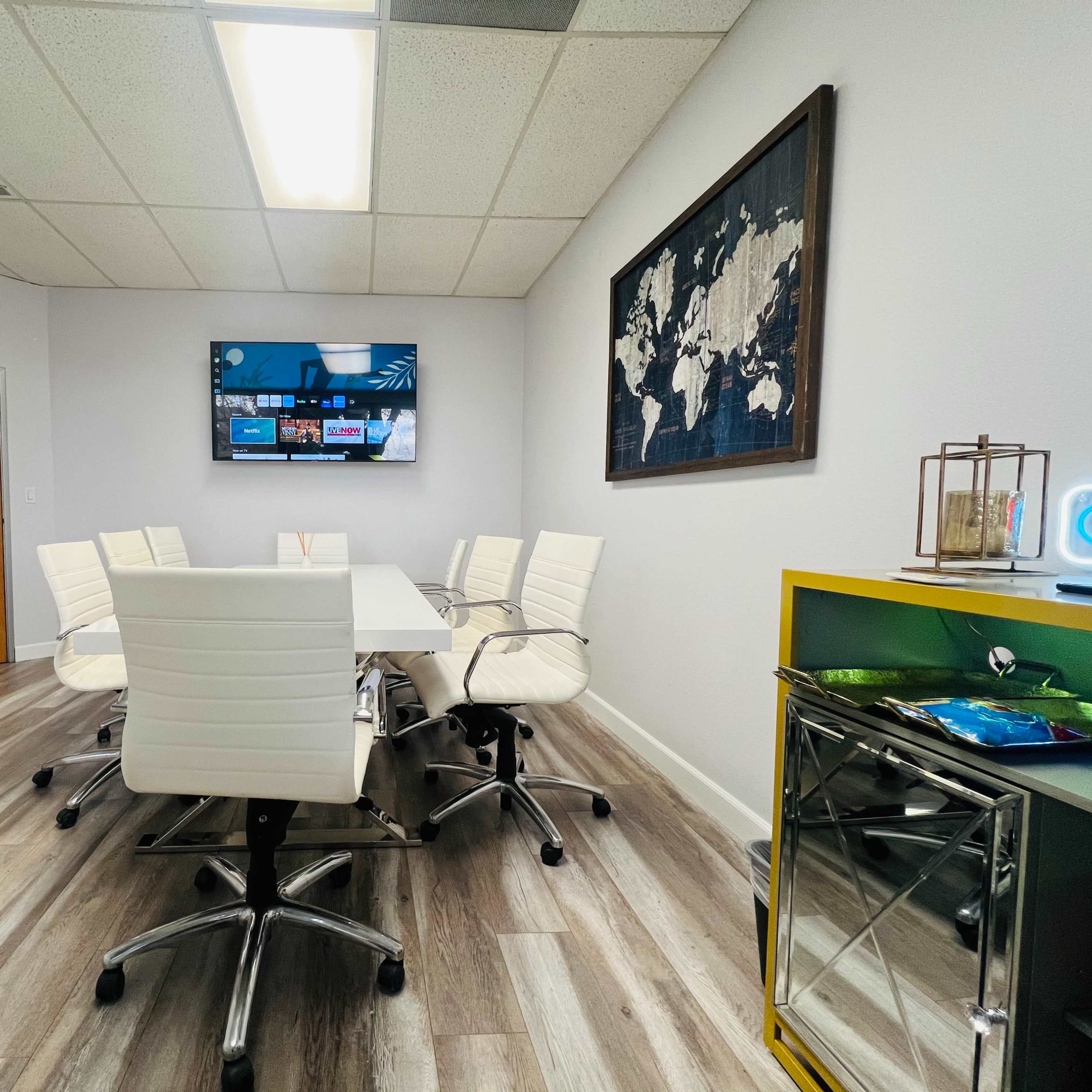 Upscale Office Meeting Room with Smart TV, Snacks, Printer and Privacy Image in Lancaster, Lancaster, CA