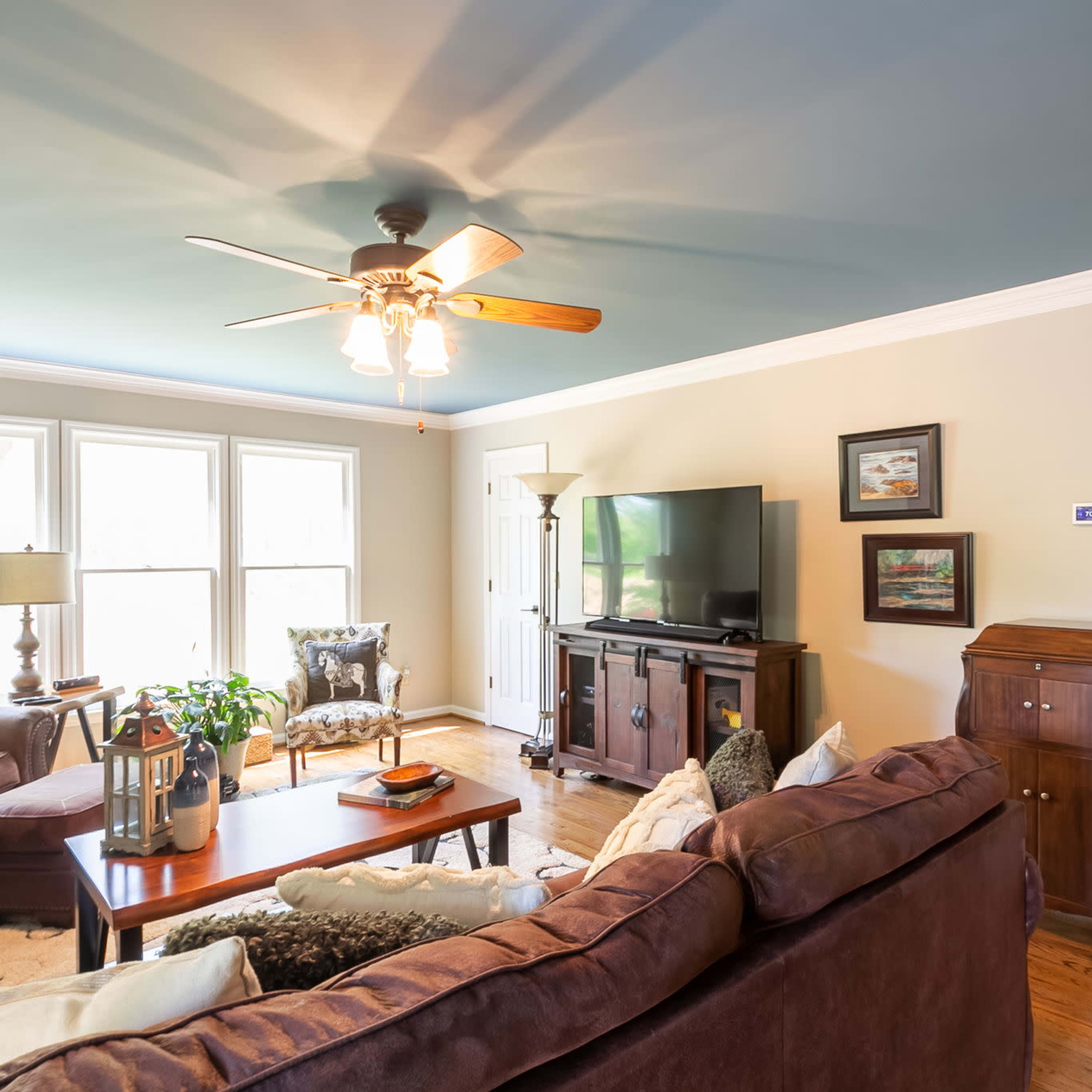 The living room features two large windows, a ceiling fan, a television cabinet, and comfortable seating arranged around a wooden coffee table.