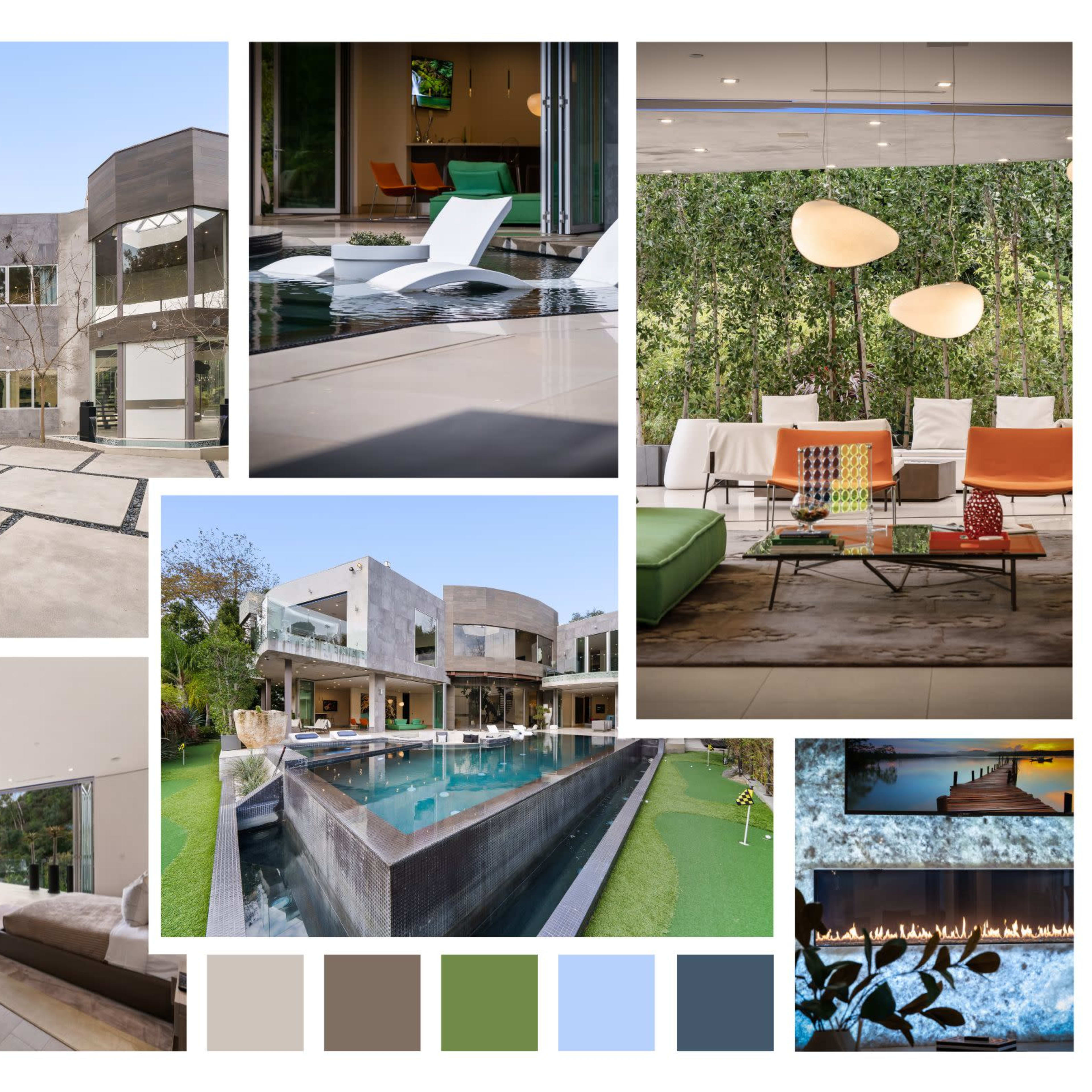 A modern house featuring a blend of outdoor and indoor spaces, including a pool, sleek furniture, and various design elements.
