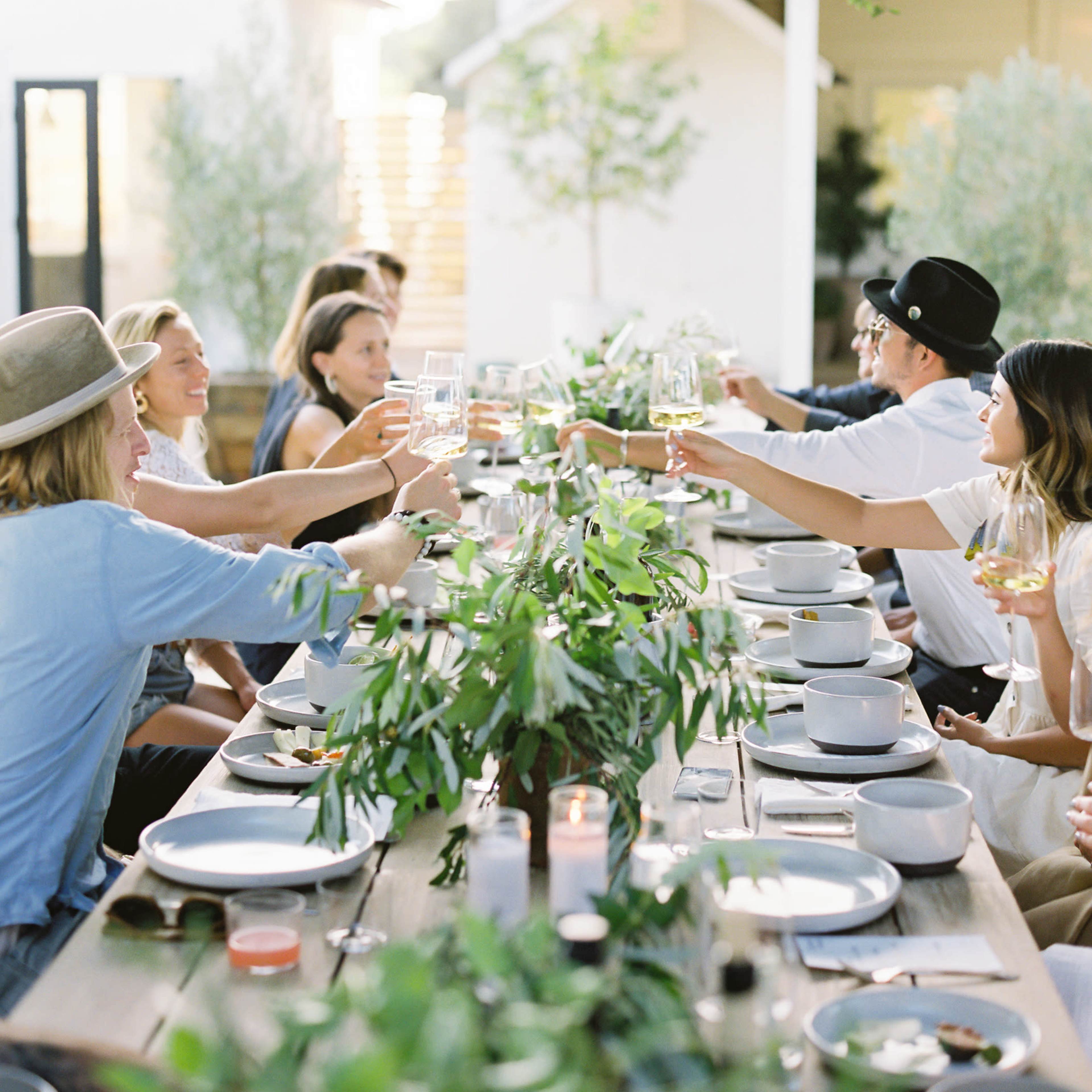 A group of people gathers around a long table, raising glasses in a toast against the backdrop of a house and greenery.