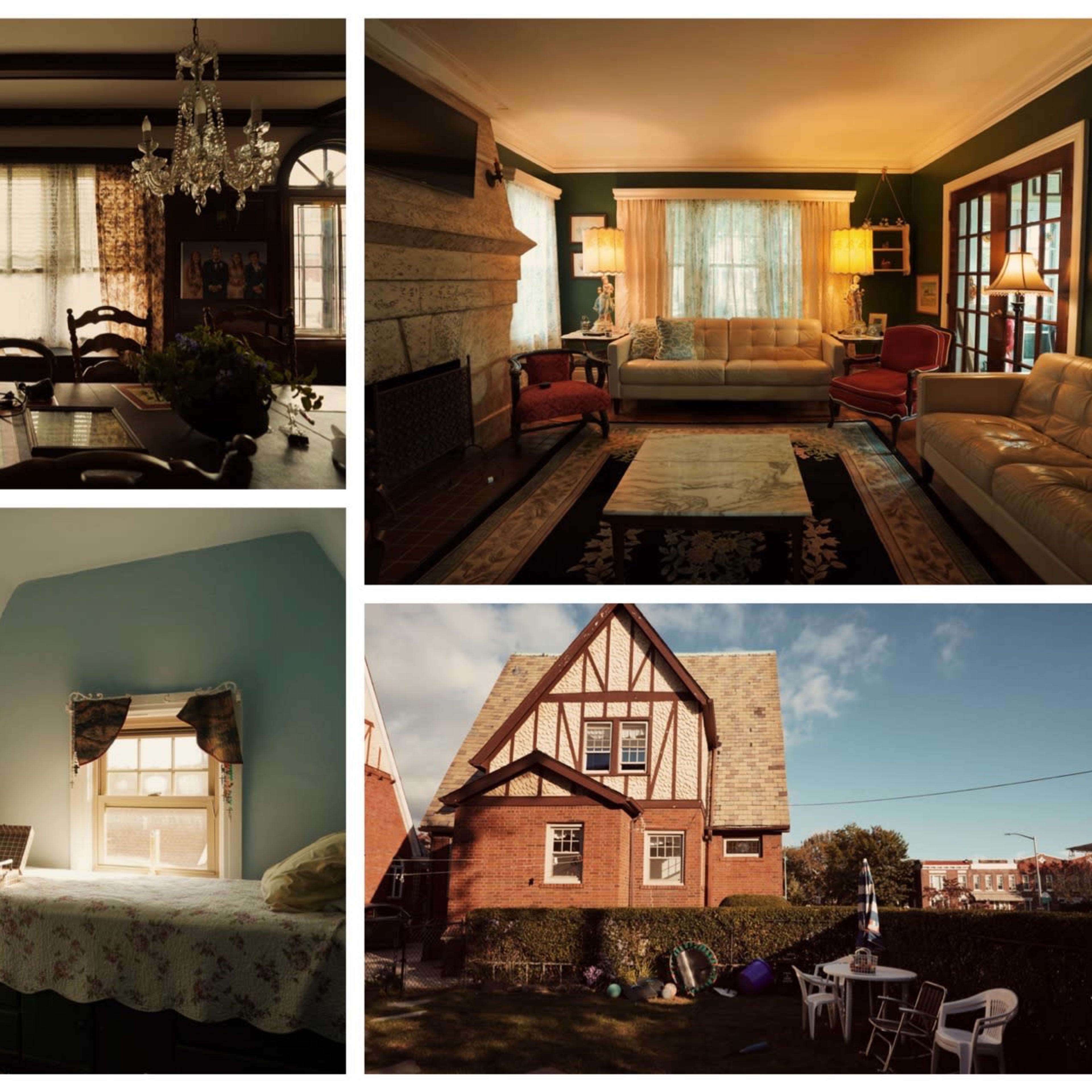 Four different rooms of a house: a dining area with a chandelier, a cozy living room with light streaming through the windows, a blue-walled bedroom with a bed and desk, and an exterior view of a brick house with a backyard.