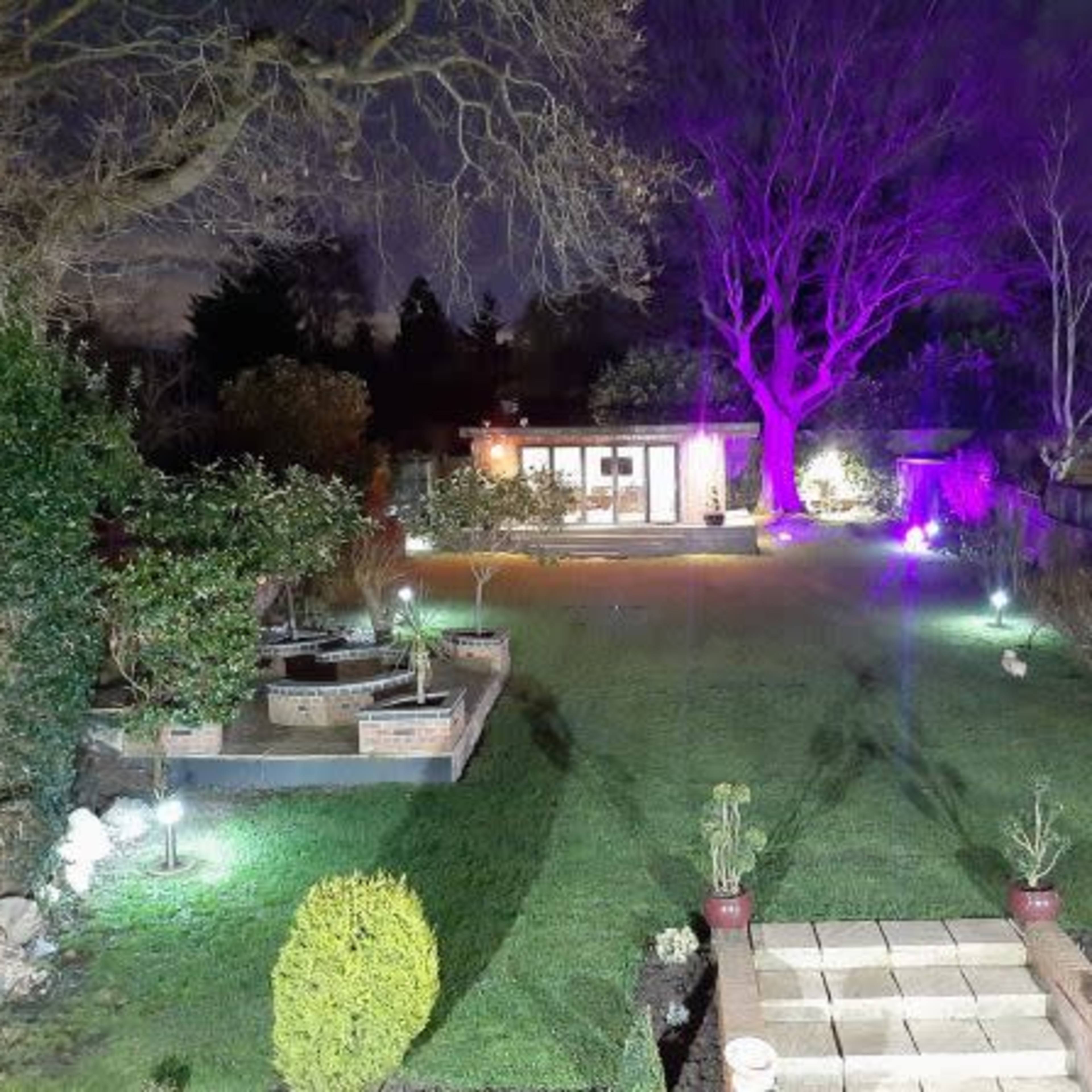 A well-maintained garden with illuminated pathways and a house at the far end, surrounded by trees and shrubs, is shown at night.