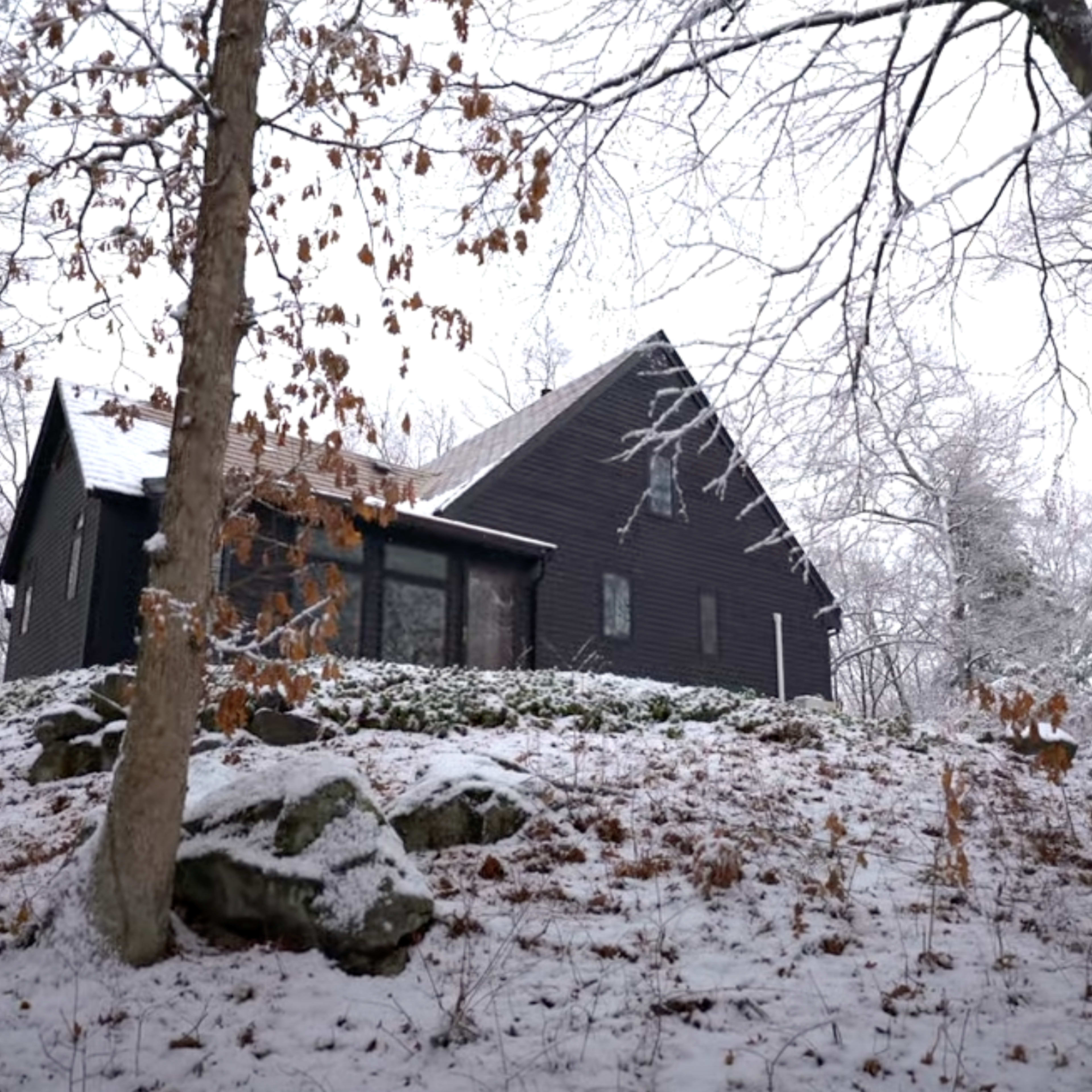 A modern black house with a sloped roof is surrounded by snow-covered trees and a rocky terrain.