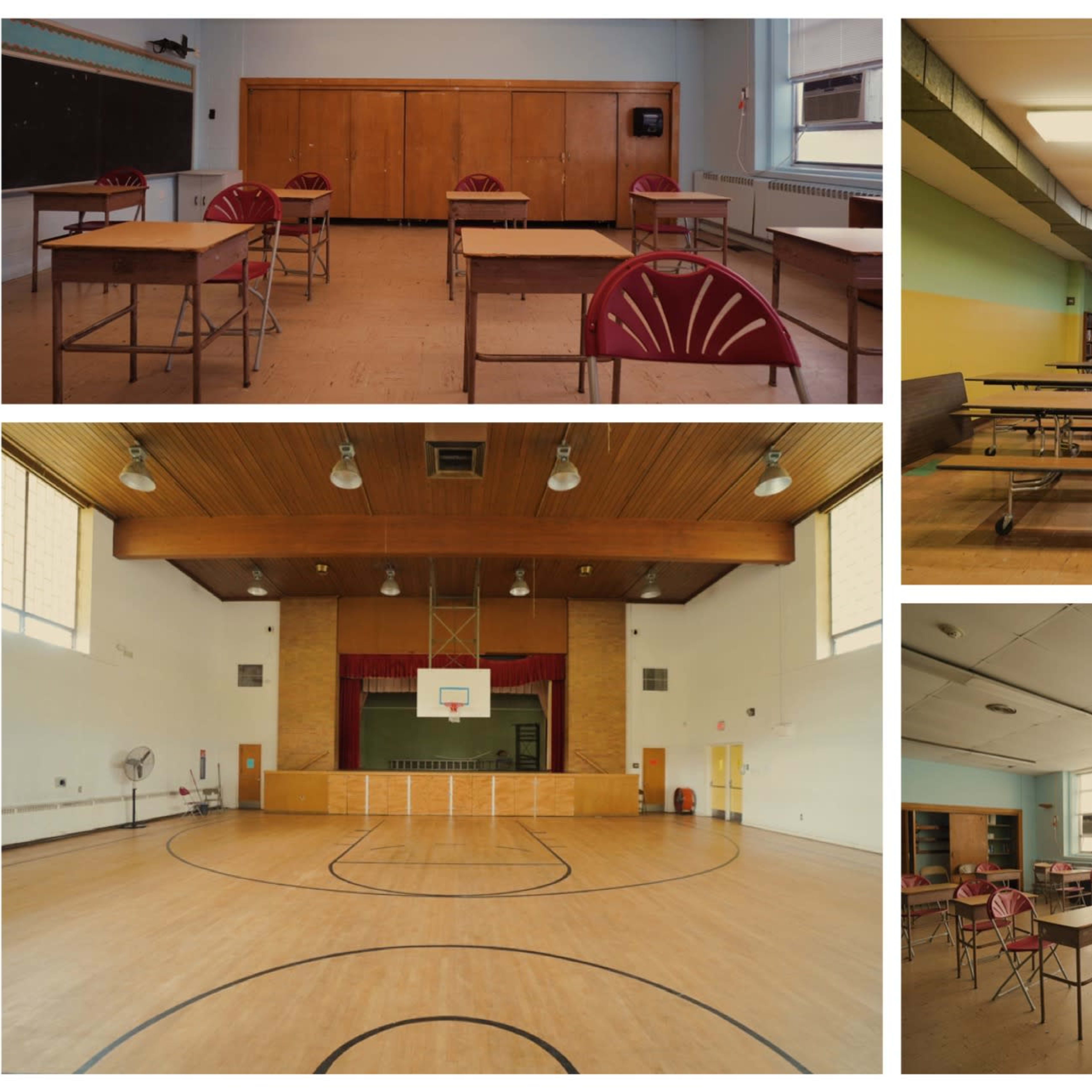 Various rooms in a school, including a classroom with chairs and desks, a gymnasium with a basketball court, and a dining area with tables and chairs.