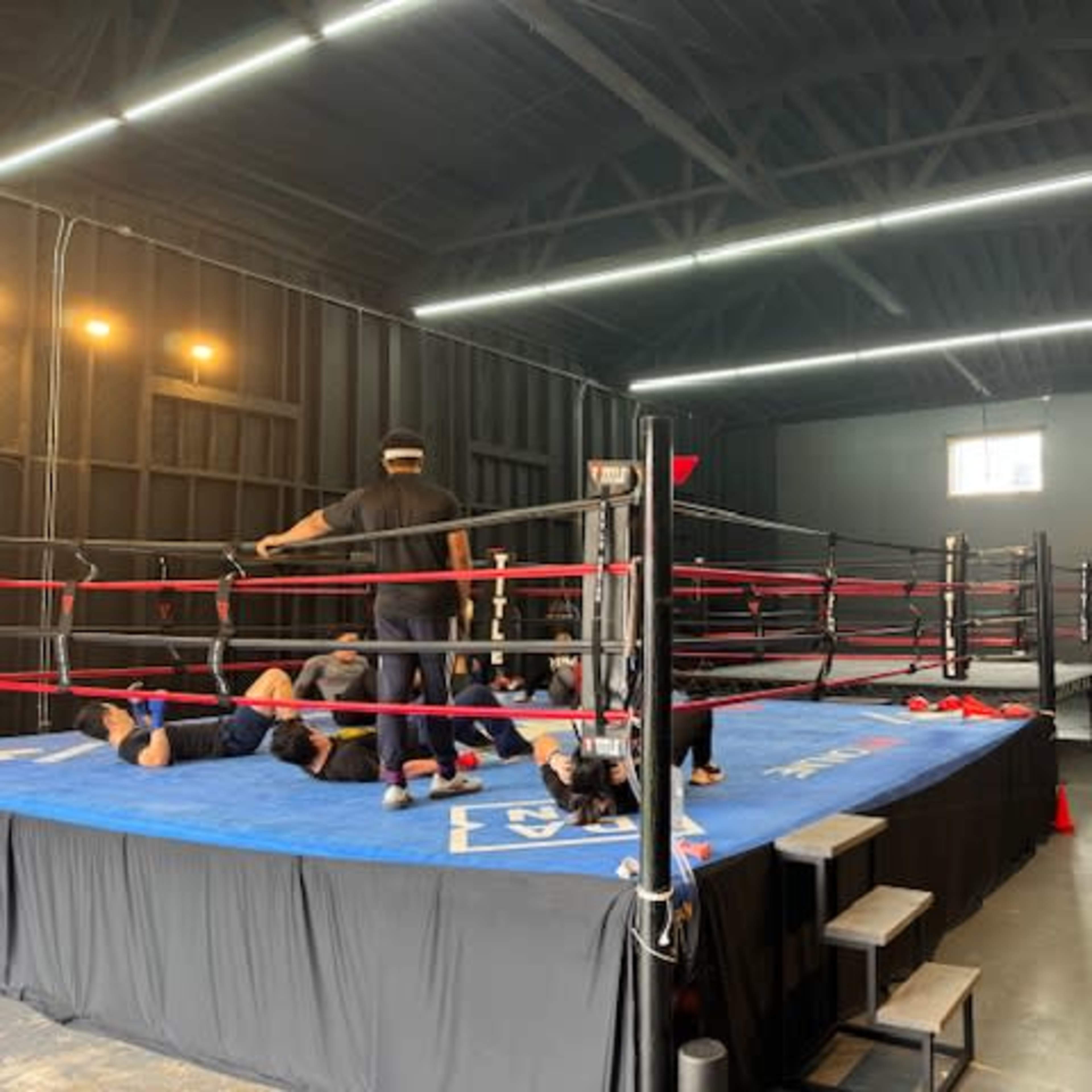An indoor wrestling training facility with two wrestling rings and several individuals engaged in practice on the blue mat.