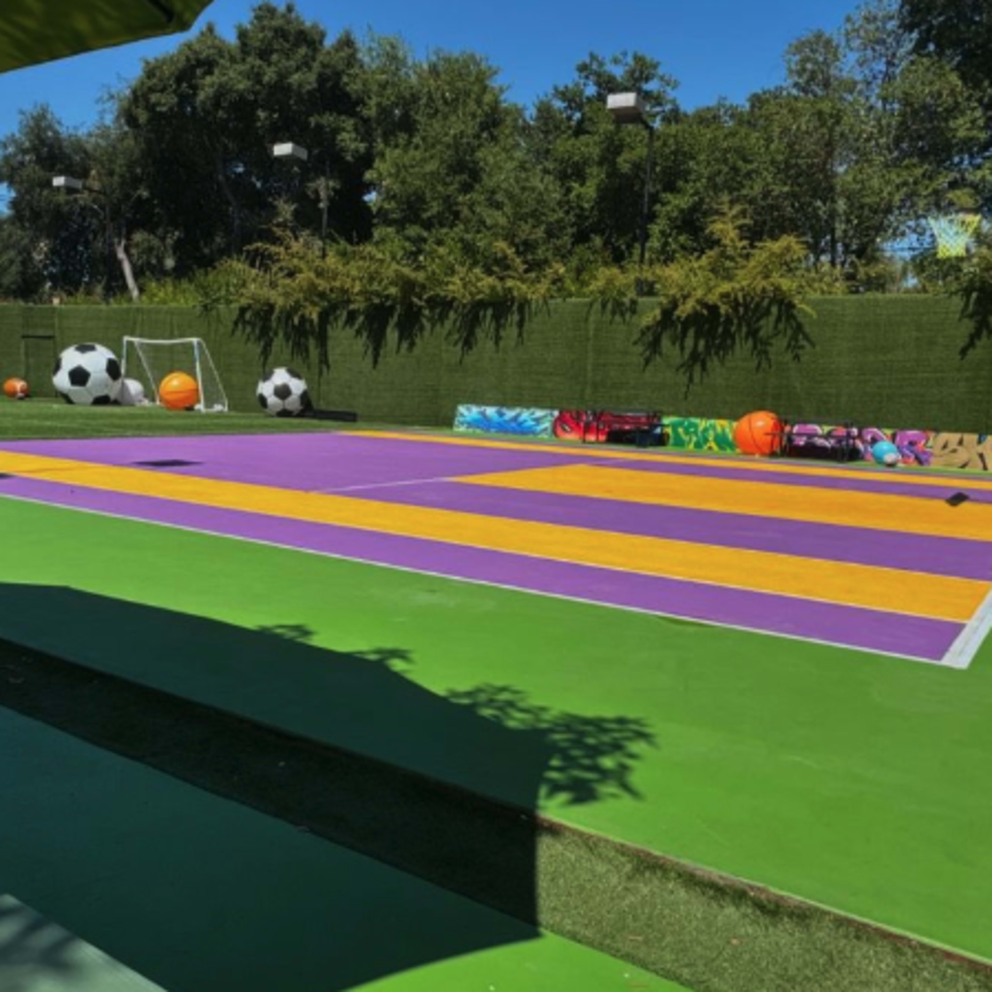 A bright outdoor sports court featuring different colored sections and various sports equipment like soccer balls and colorful exercise balls, surrounded by greenery.