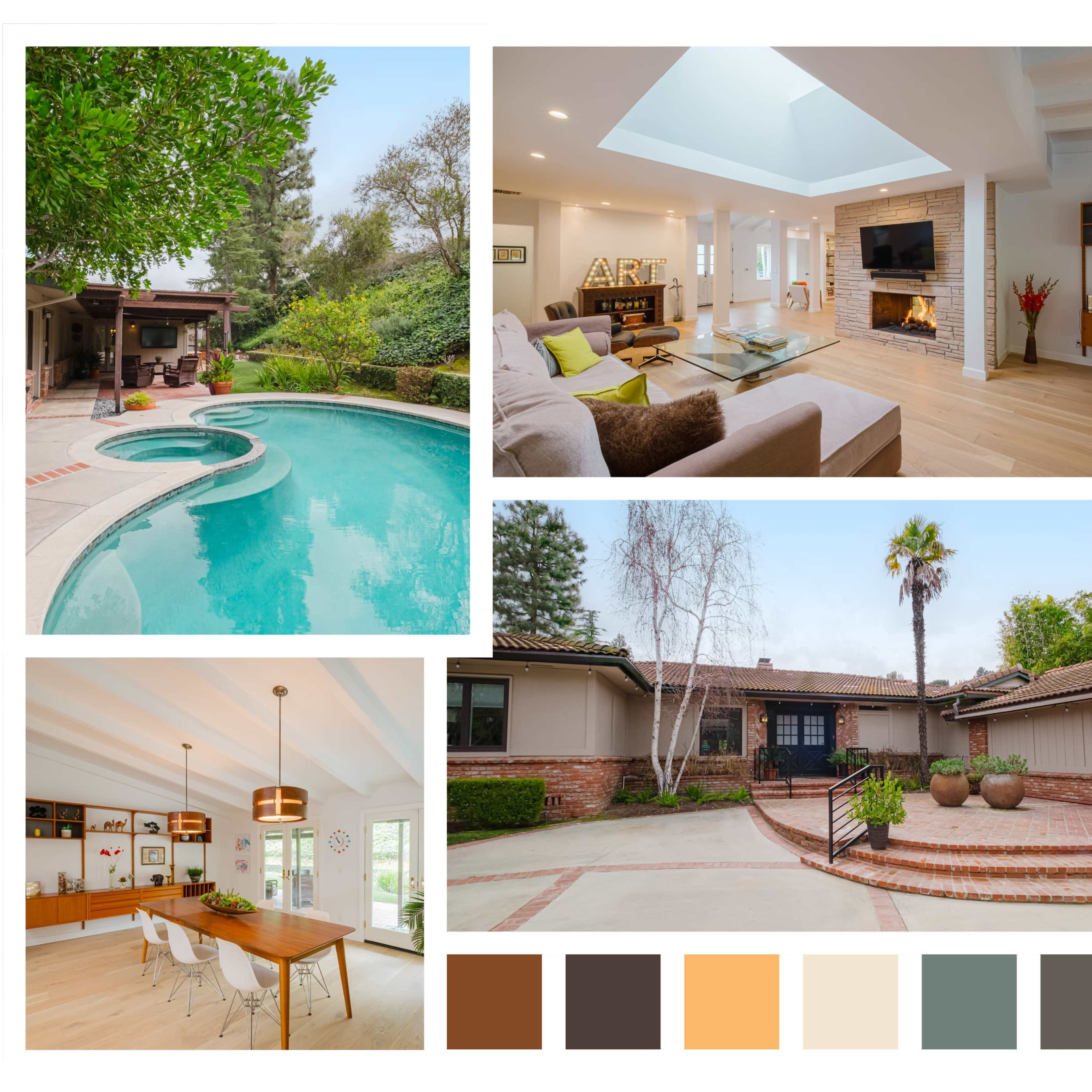 Features various views of a modern home, showcasing a pool area, a cozy living room with a fireplace, a patio with outdoor seating, a spacious dining area, and a well-appointed kitchen, along with the home's exterior and landscaping.