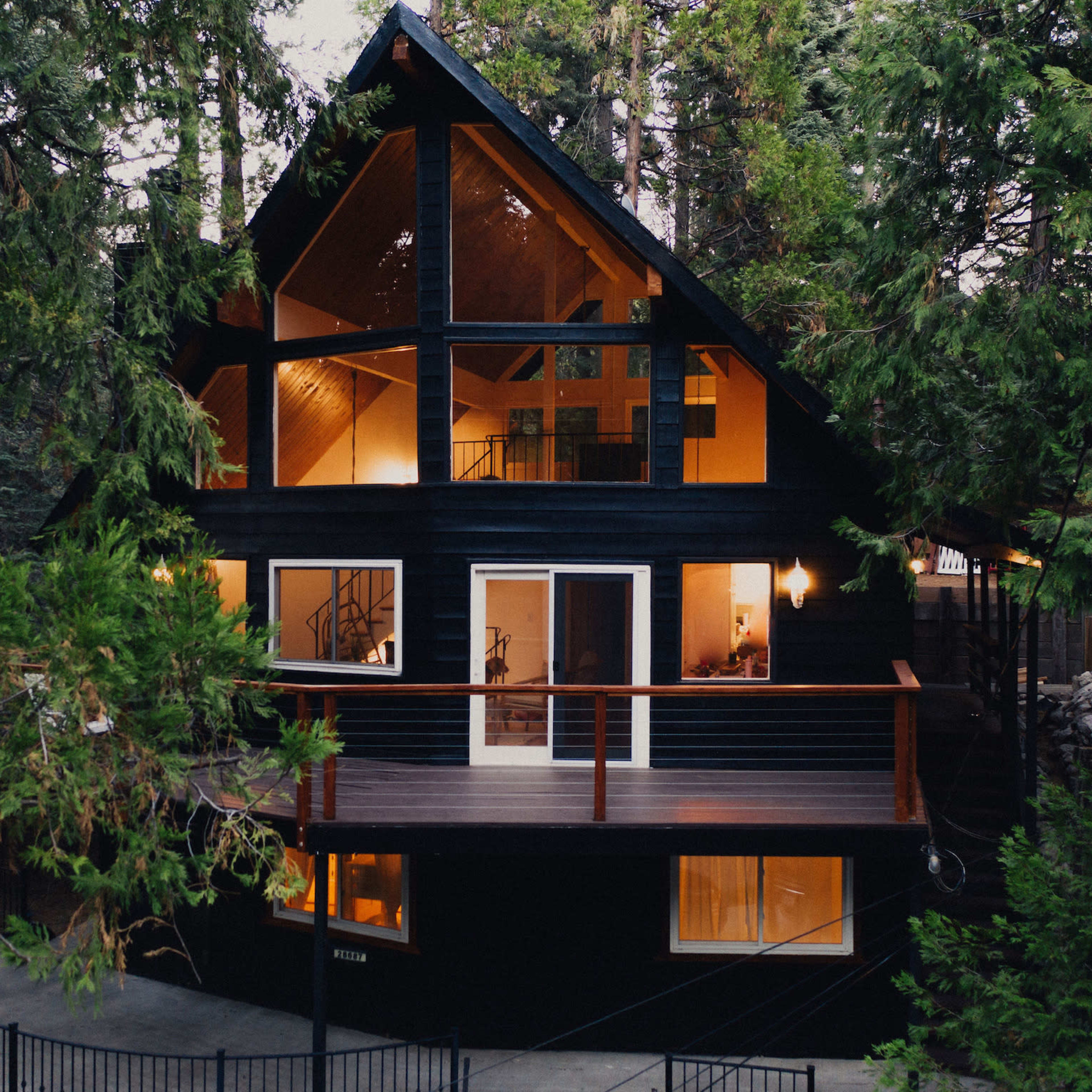 A modern black cabin with large windows sits amidst tall green trees.