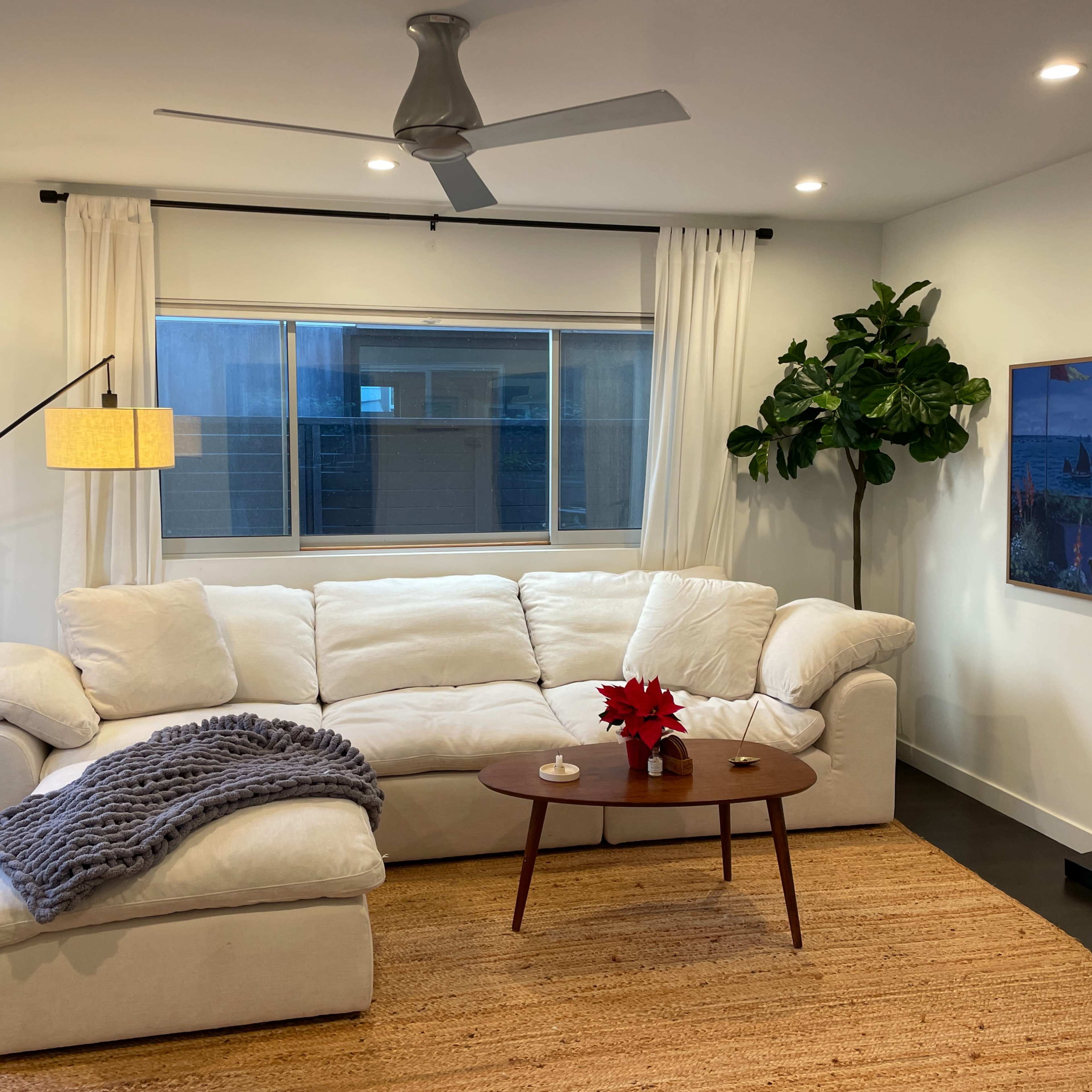 A modern living room featuring a white sectional sofa with a throw blanket, a round coffee table, a large window, and a green indoor plant.