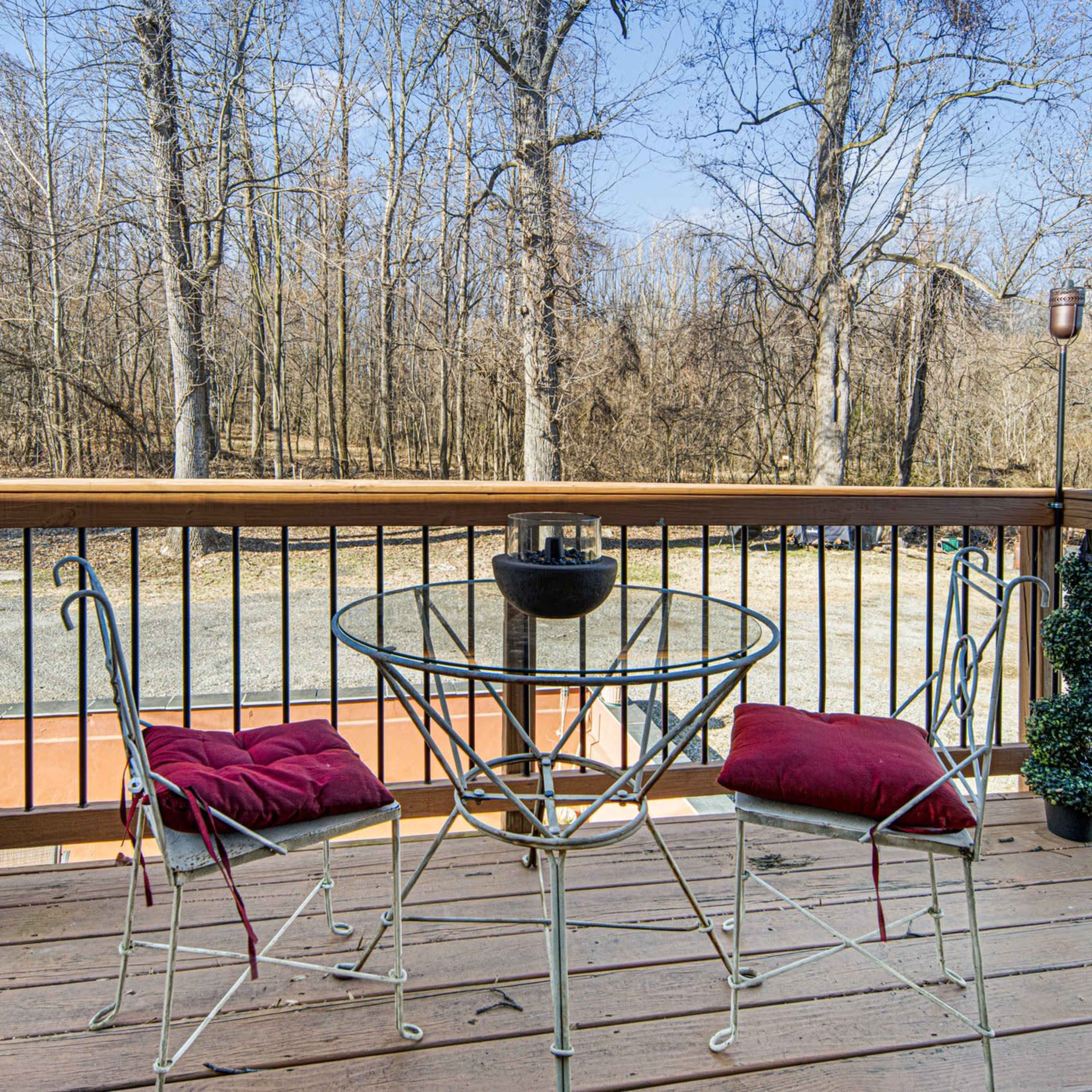 A small outdoor deck features a round table and two metal chairs with red cushions, surrounded by potted greenery and a view of bare trees in the background.