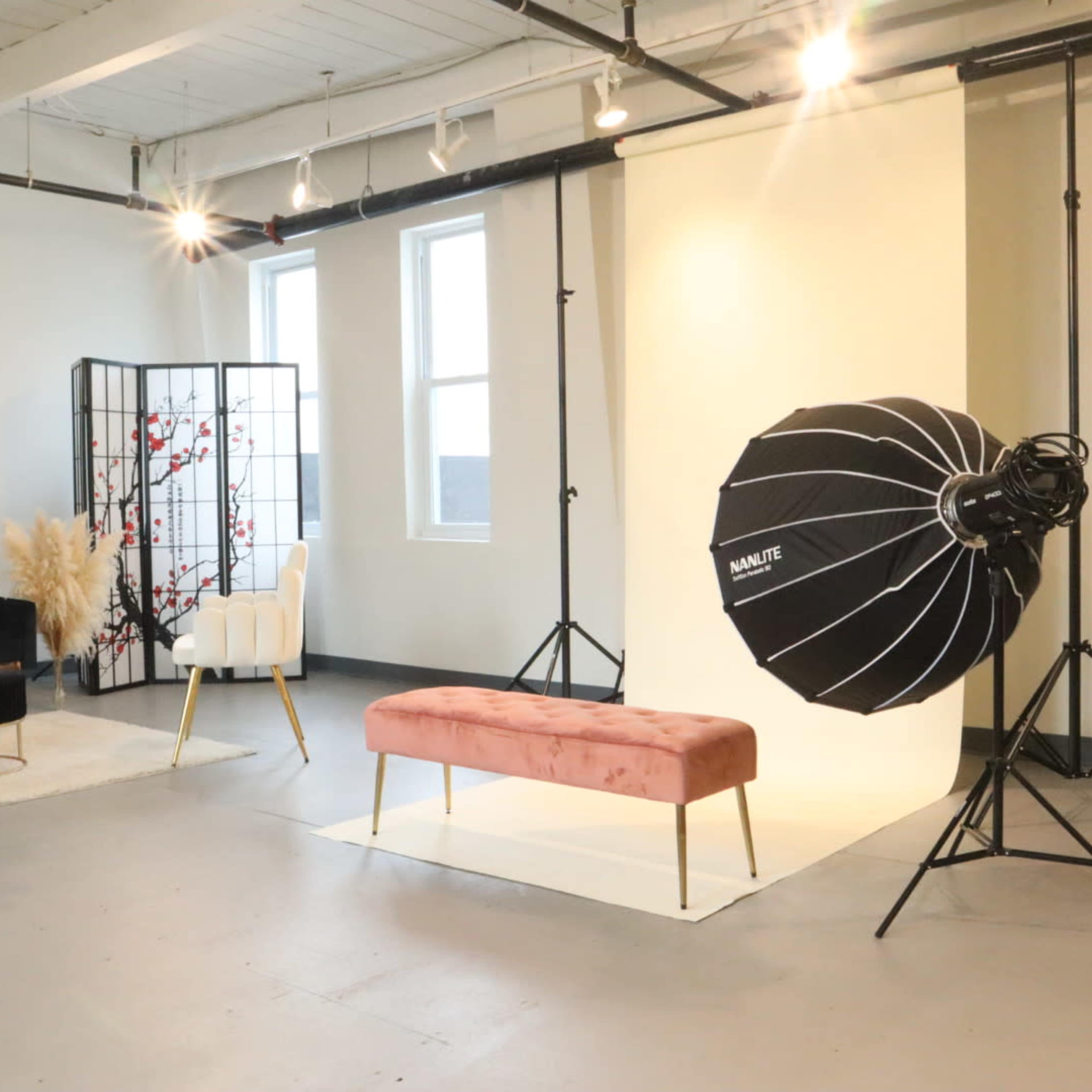A bright studio space featuring a black velvet sofa, two white chairs, a pink bench, a spotlight, and decorative elements like a folding screen and faux plants.