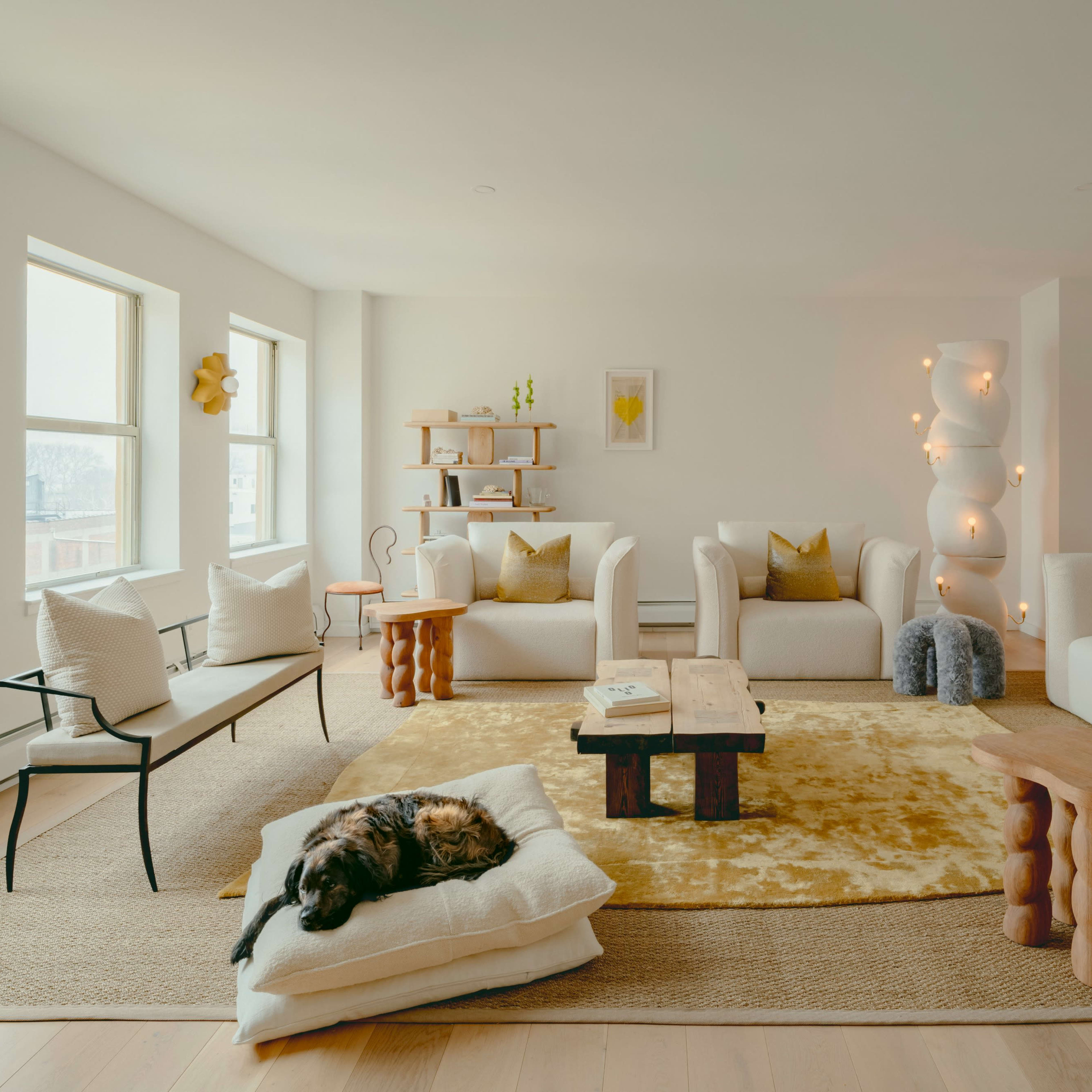 The living room features light-colored furniture, a large area rug, wooden tables, and a sleeping dog on a cushion.