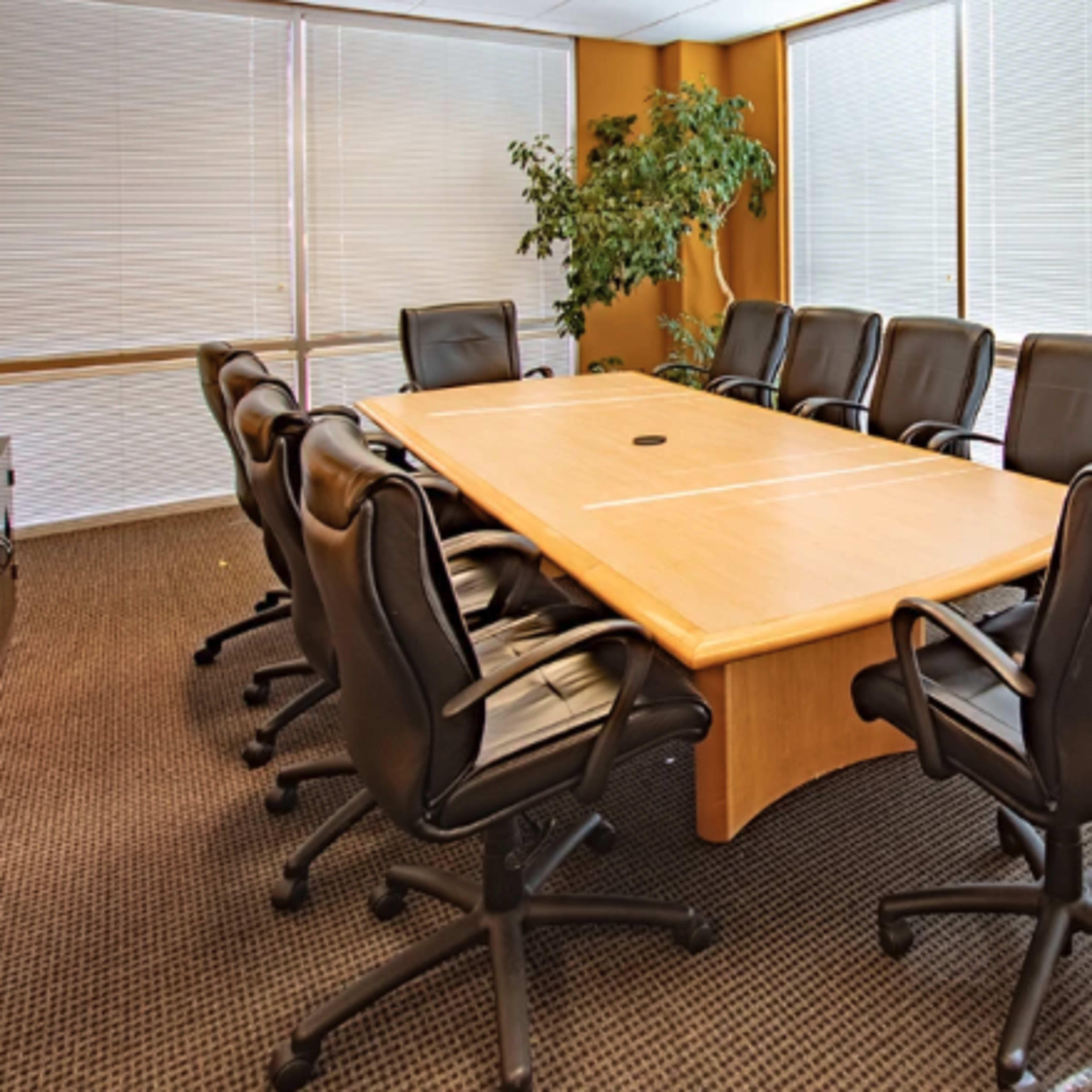 A conference room features a large wooden table surrounded by eight black leather chairs, with large windows covered by blinds and a potted plant in the corner.