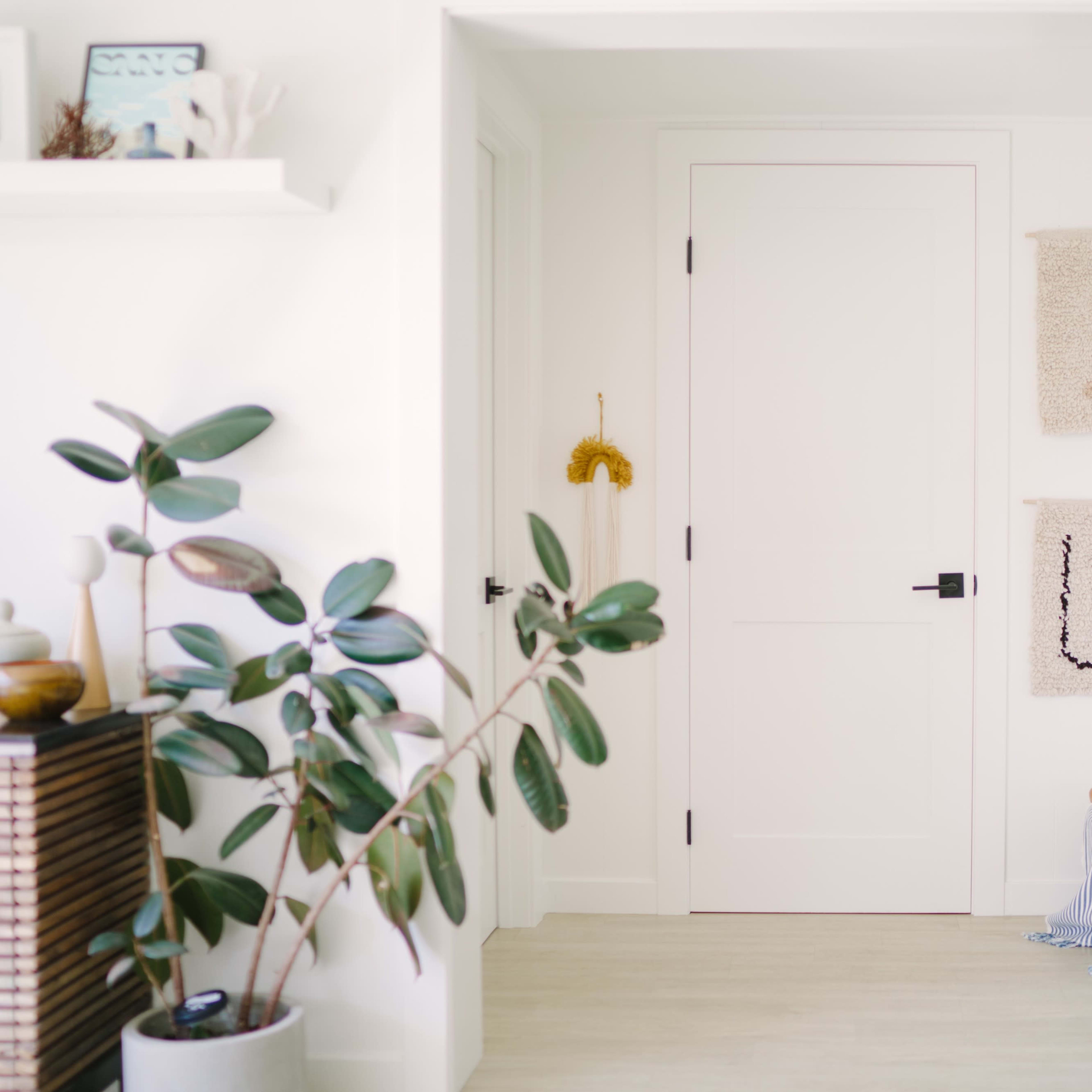 A bright hallway features a closed door, two textured wall hangings, and a plant next to a basket containing a folded striped blanket.
