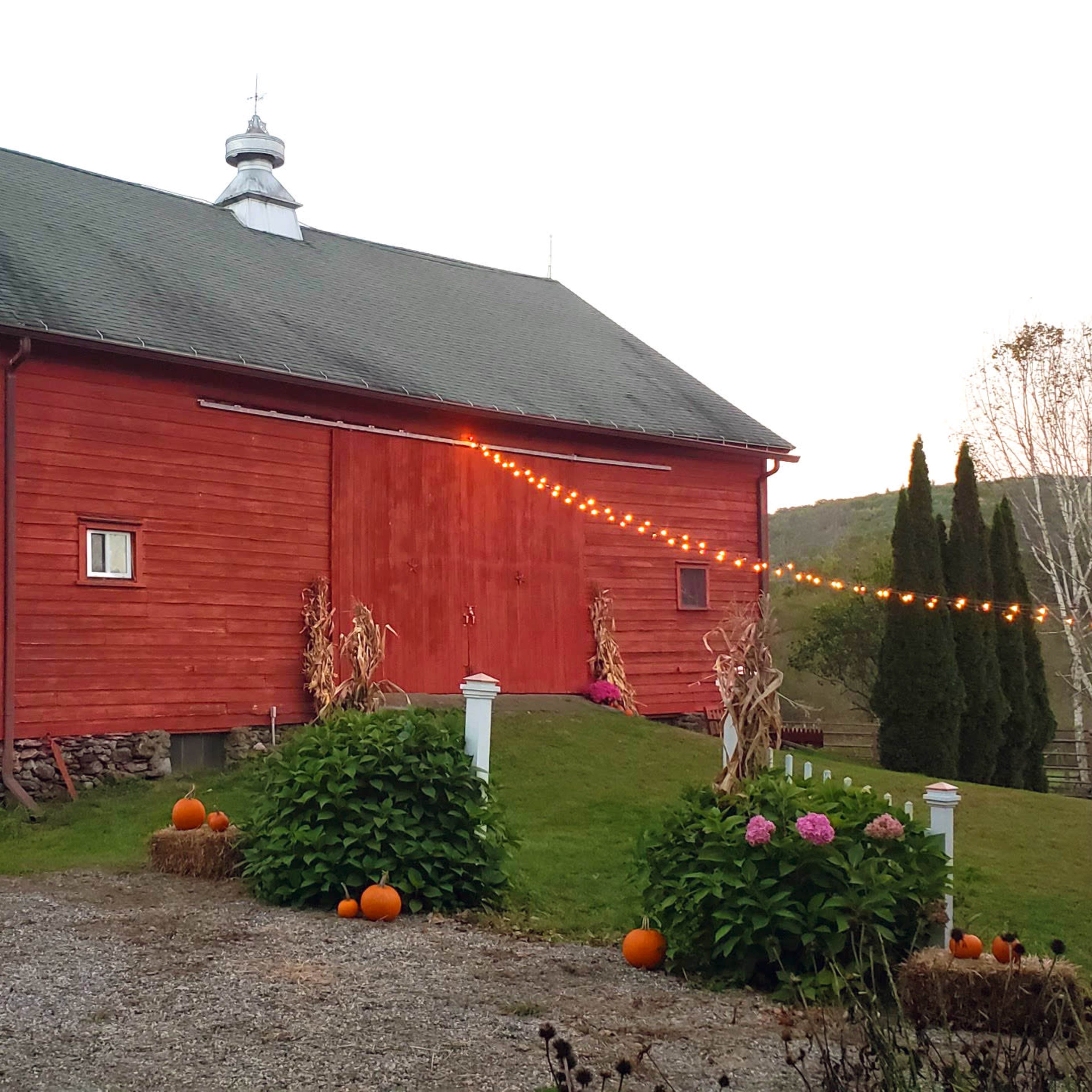 A red barn with decorative lights and pumpkins is set against a backdrop of trees and a hillside.