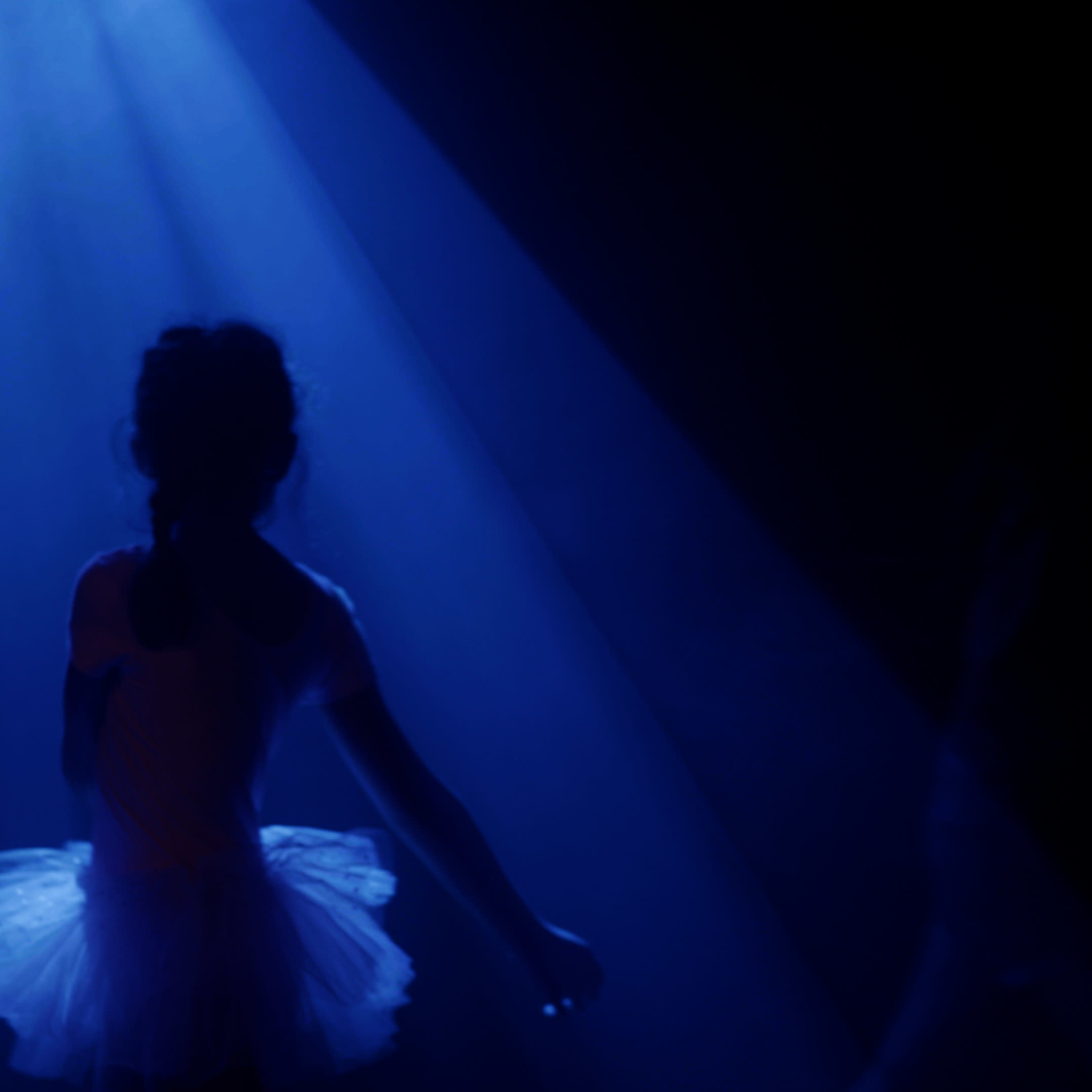 A silhouette of a young dancer wearing a tutu stands in a beam of blue light on a dark stage.