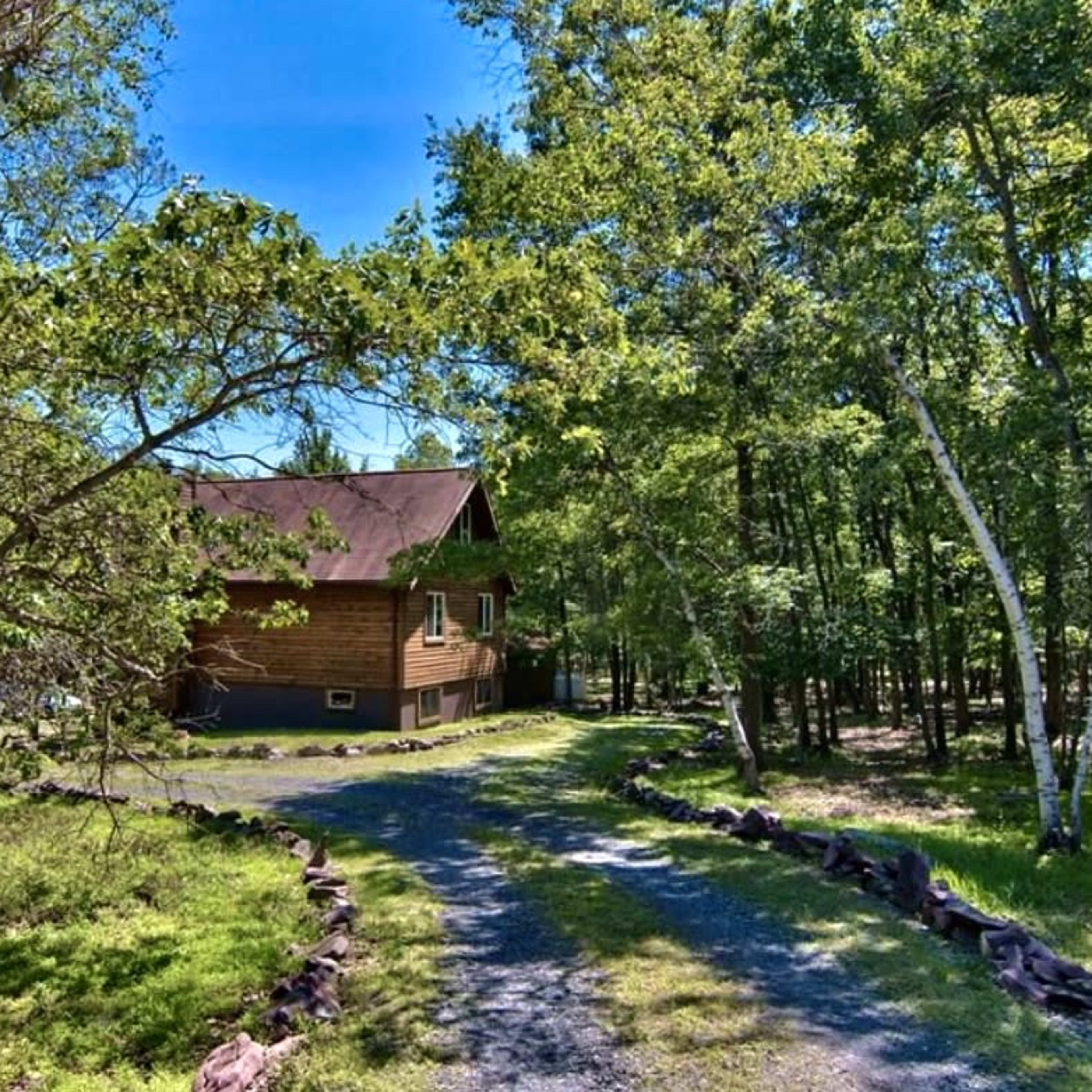 A wooden cabin is situated along a gravel pathway surrounded by trees in a wooded area.