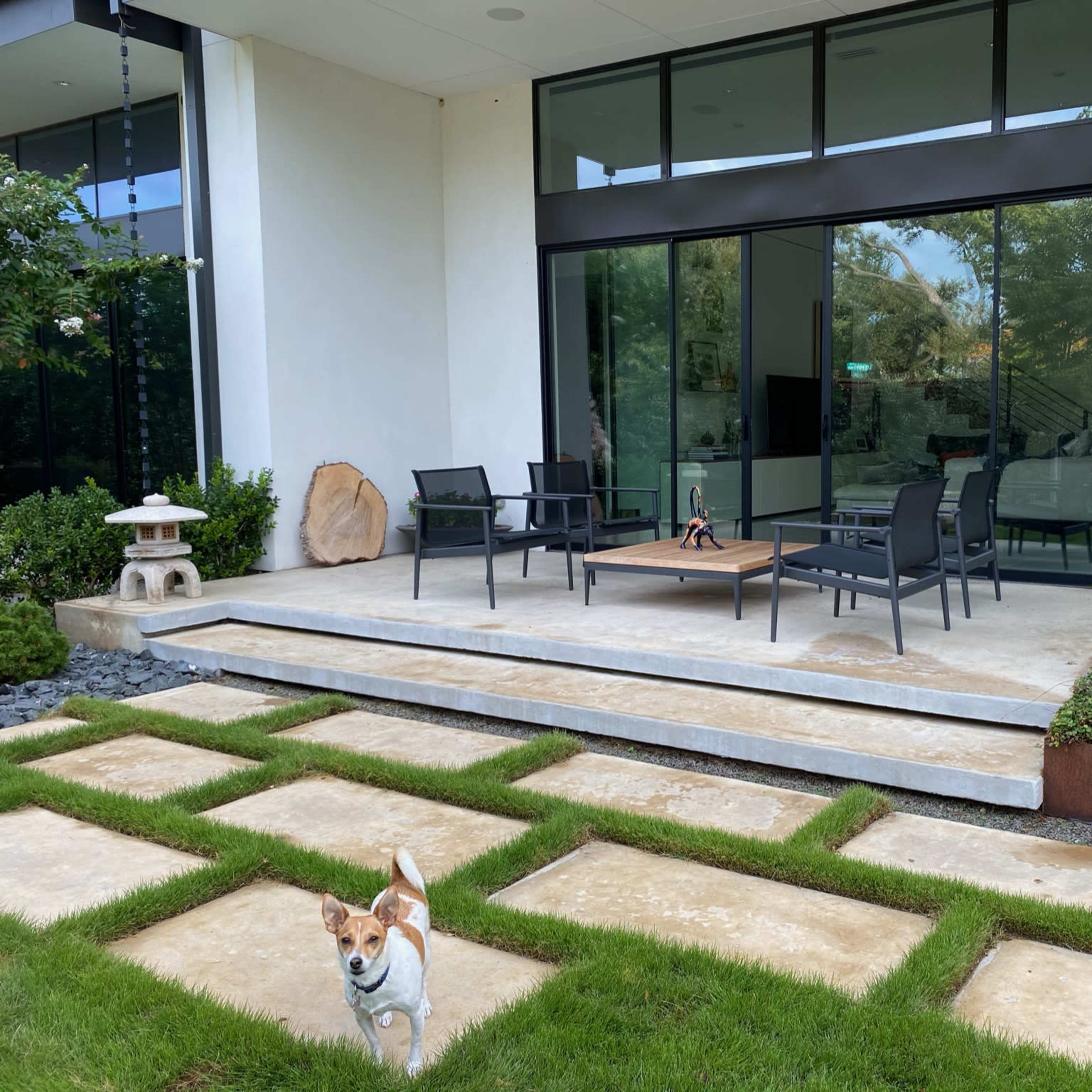 A modern patio area with black chairs and a table, surrounded by a neatly landscaped yard and a small dog running across the grass.