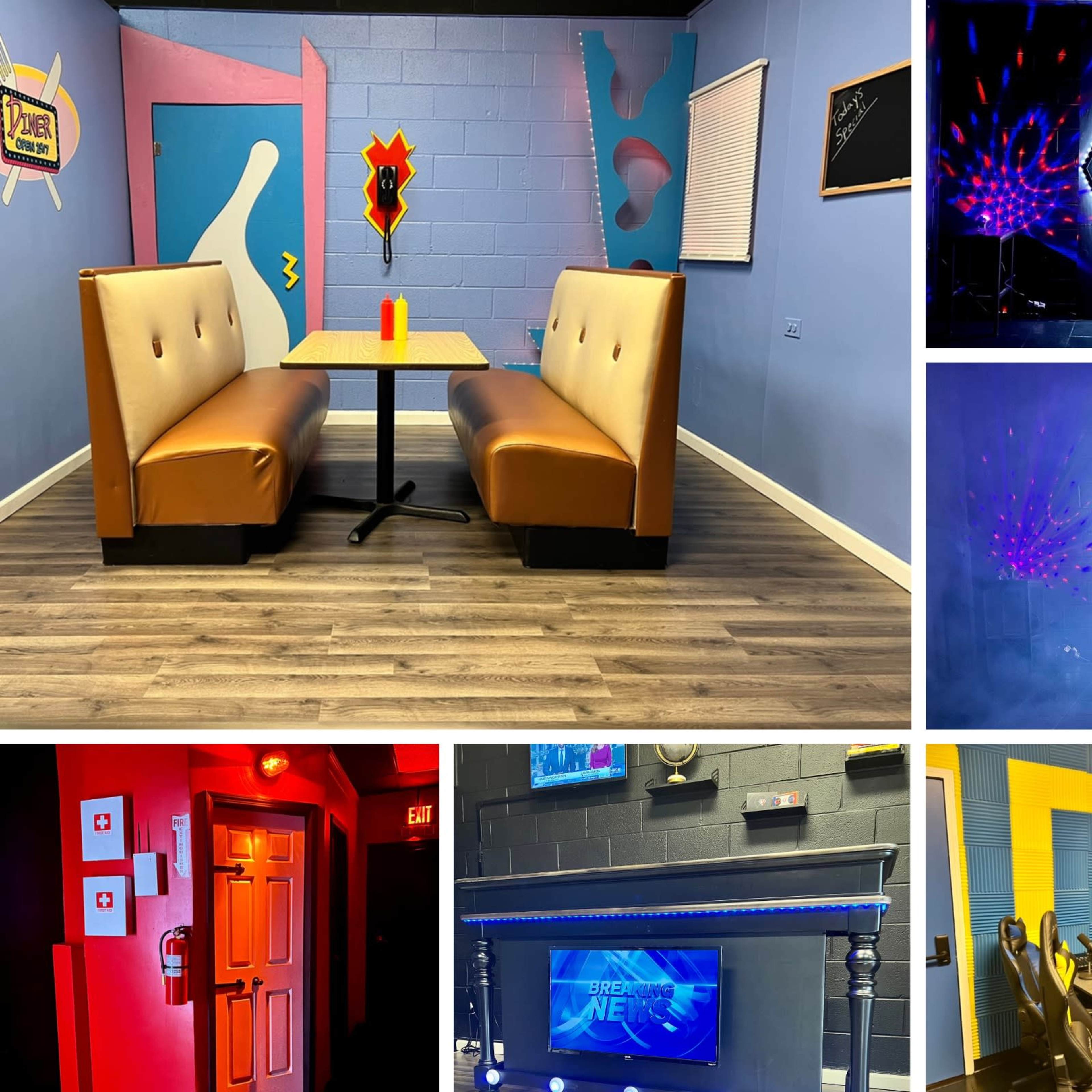 An interior space featuring colorful walls, a seating area with booths, a table, various lighting displays, and multiple screens.