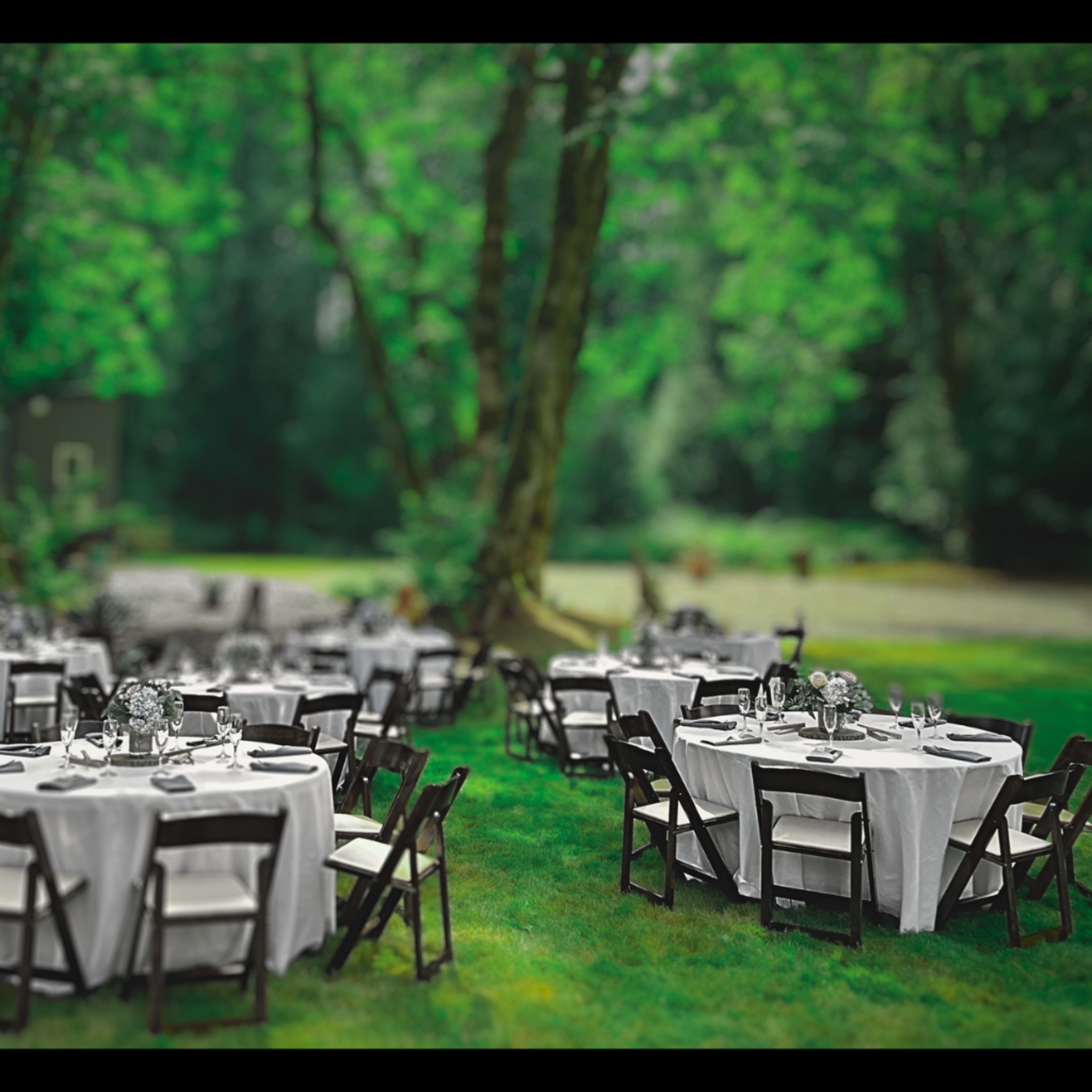 A series of round tables set with white tablecloths and glassware are arranged in a grassy outdoor area surrounded by trees.