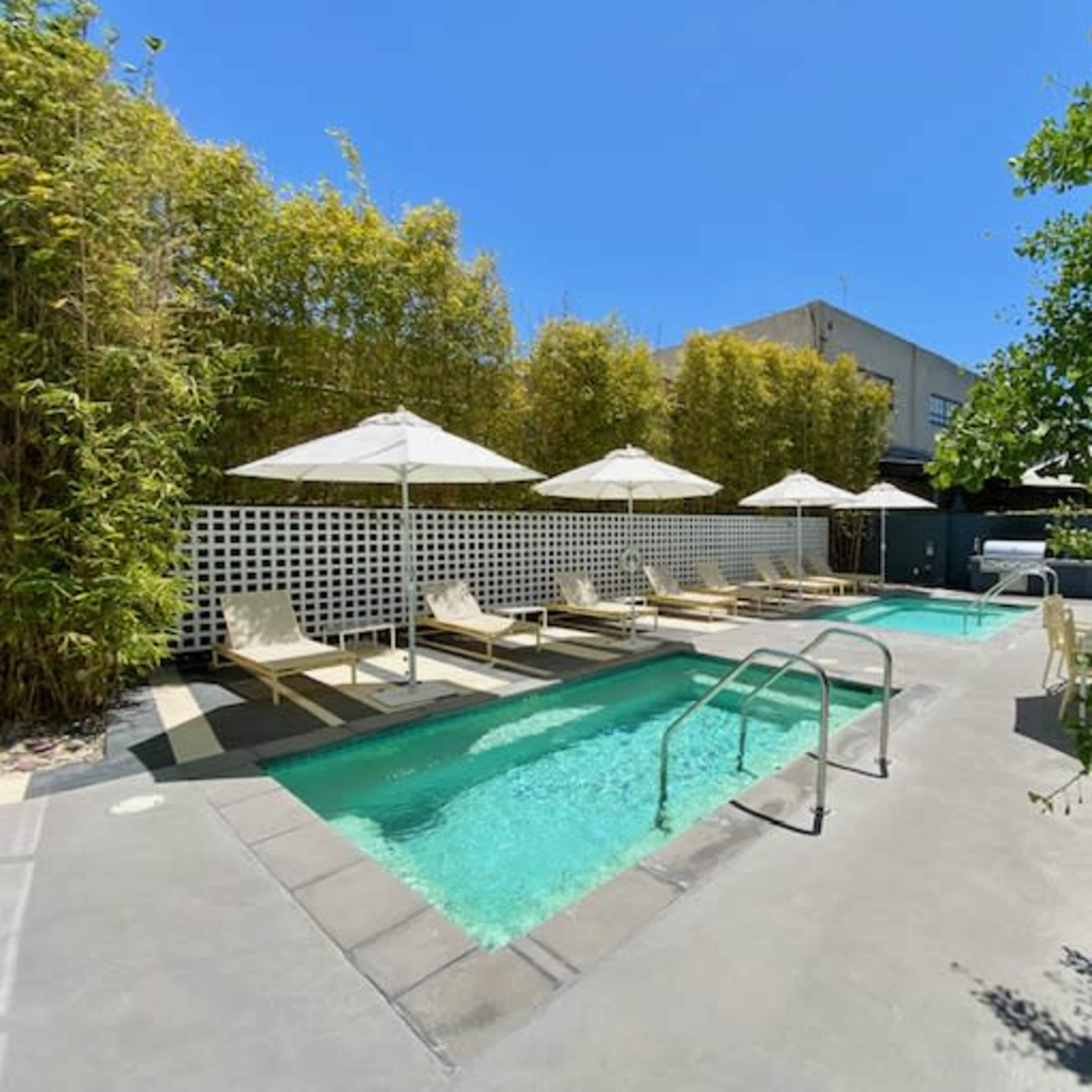 A modern outdoor pool area with lounge chairs and umbrellas surrounded by bamboo and low walls.