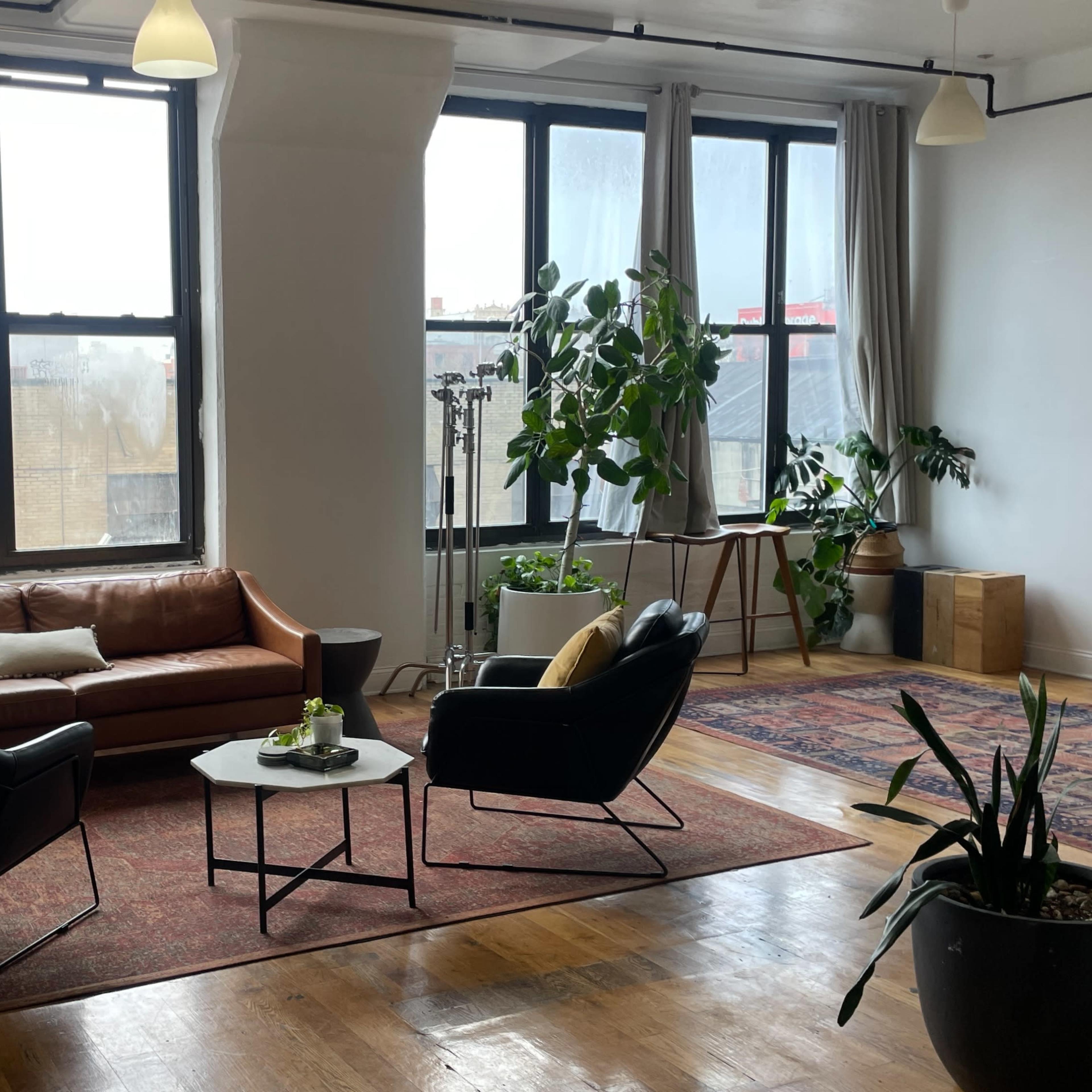 A modern living room with large windows, a brown leather sofa, two black armchairs, a small white coffee table, and various indoor plants.