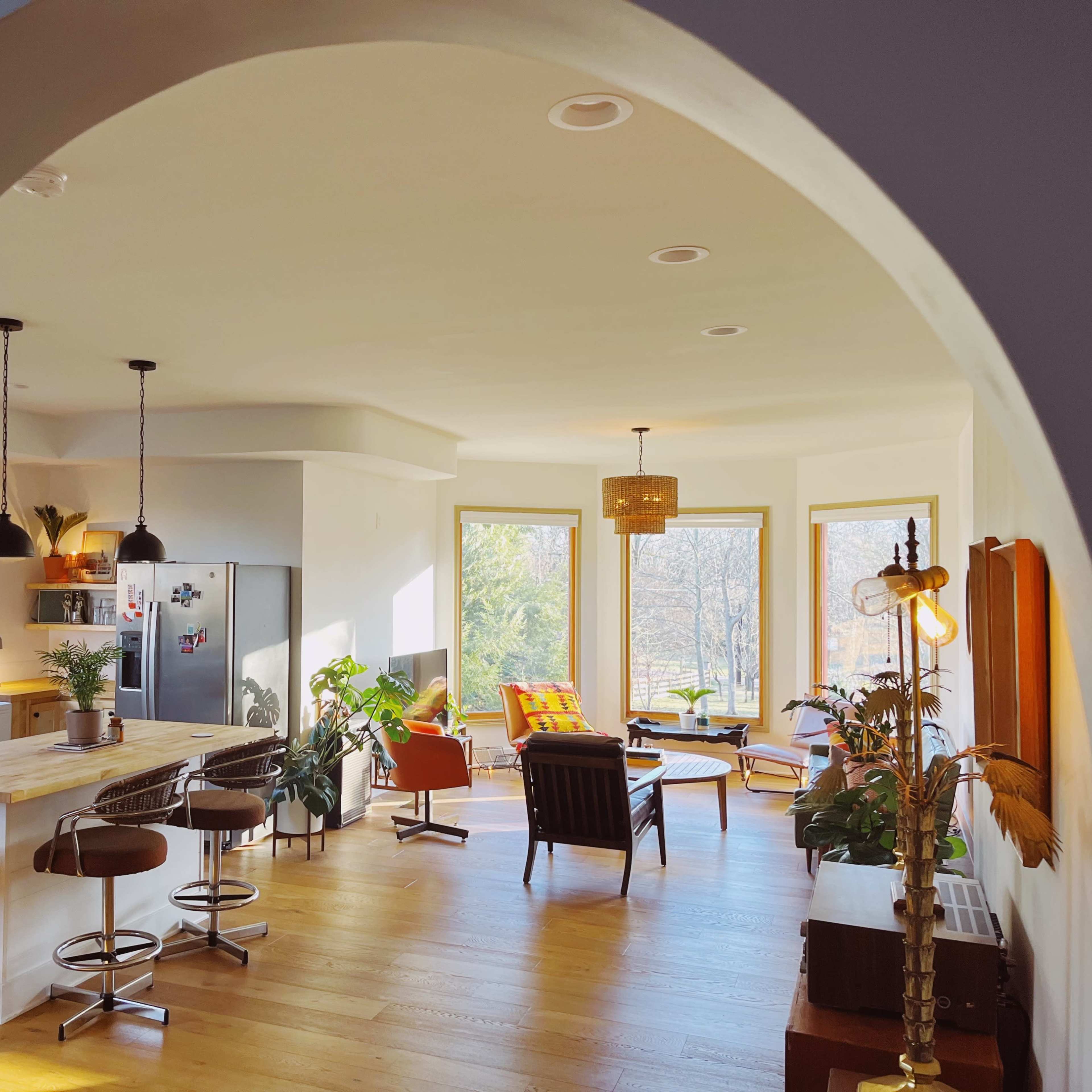 A bright, open-concept living area and kitchen with large windows, modern furniture, and plants.