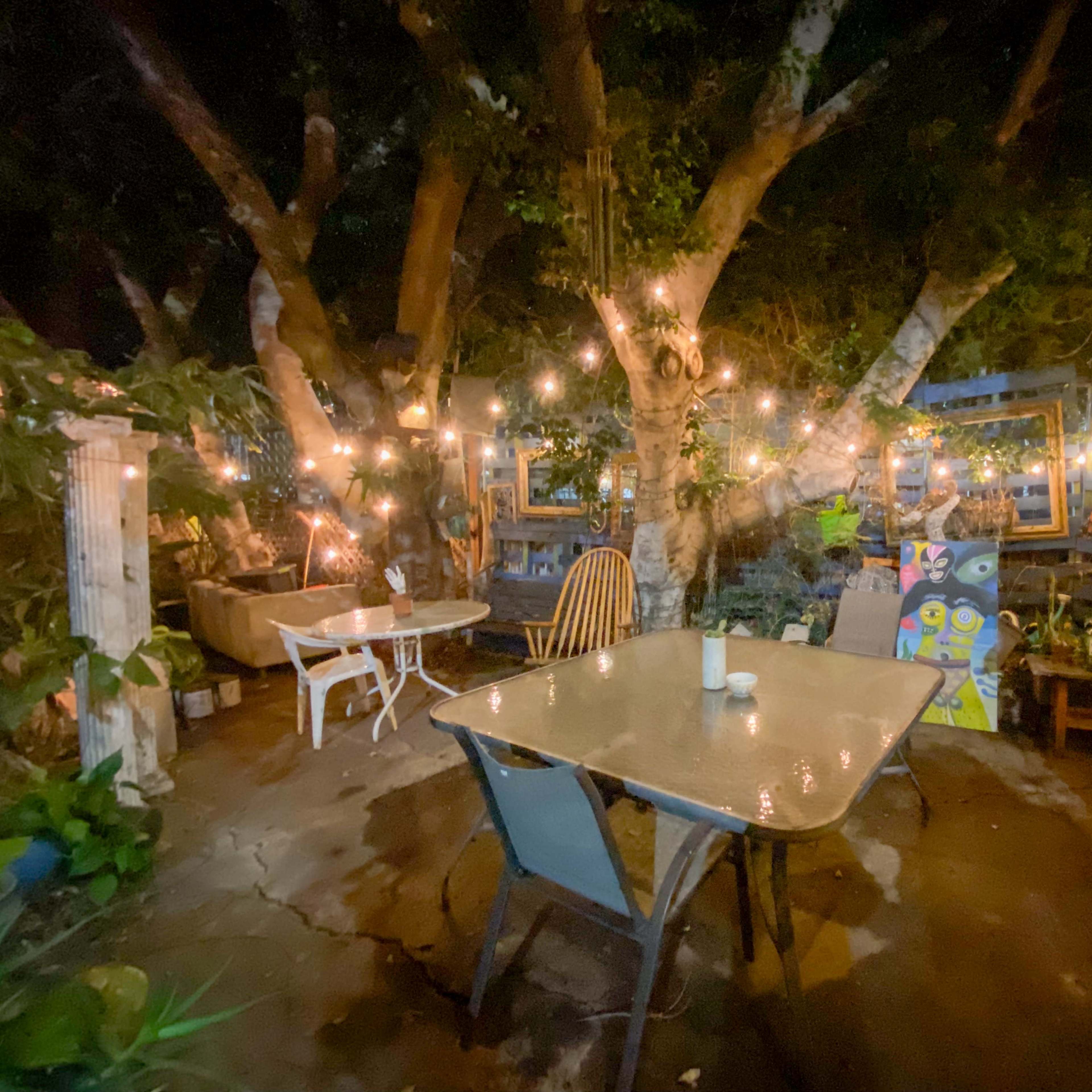 A garden patio at night is illuminated by string lights, featuring a table and chairs surrounded by trees and decorative artwork.