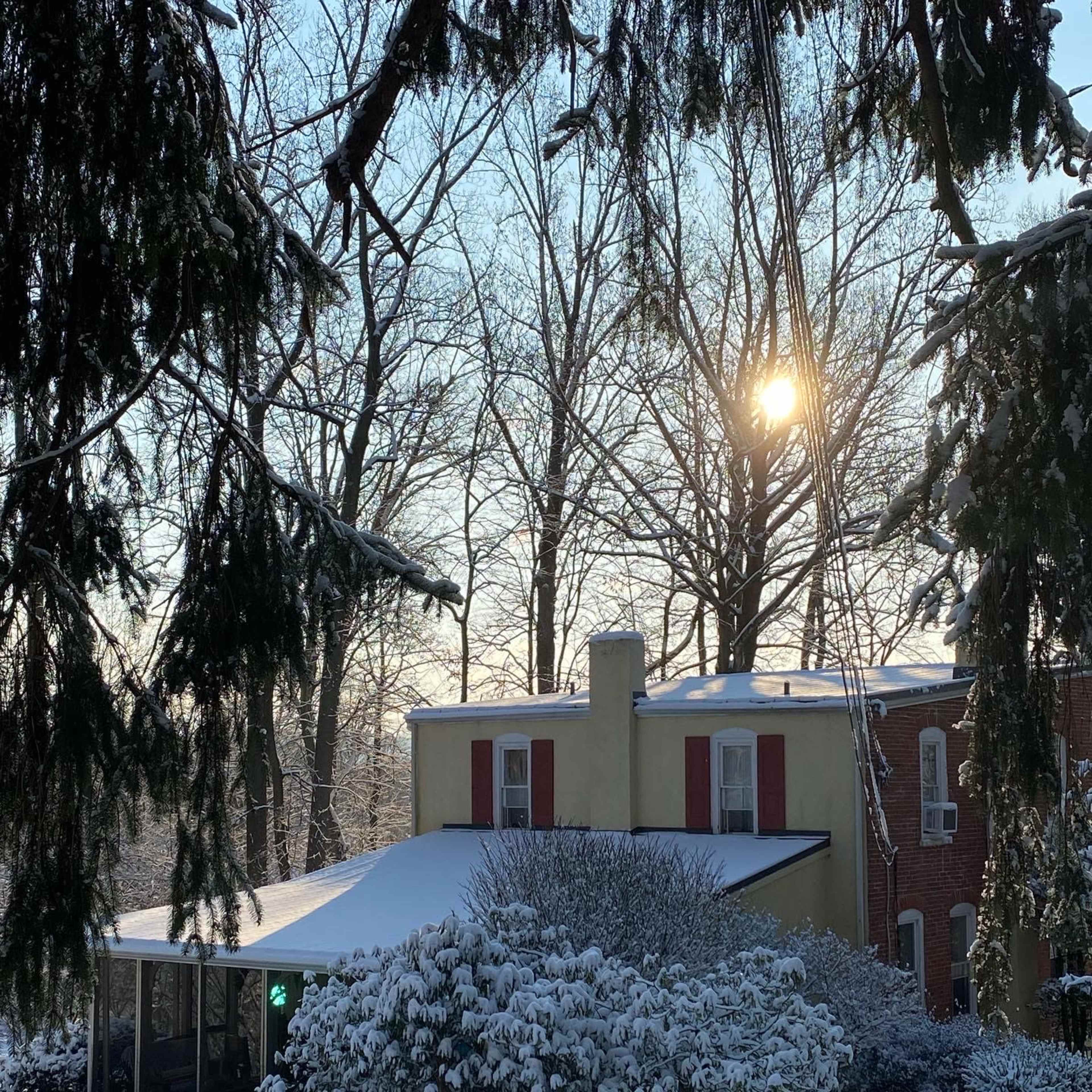 A yellow house with red shutters is partially covered in snow, surrounded by leafless trees and a brightening sky.