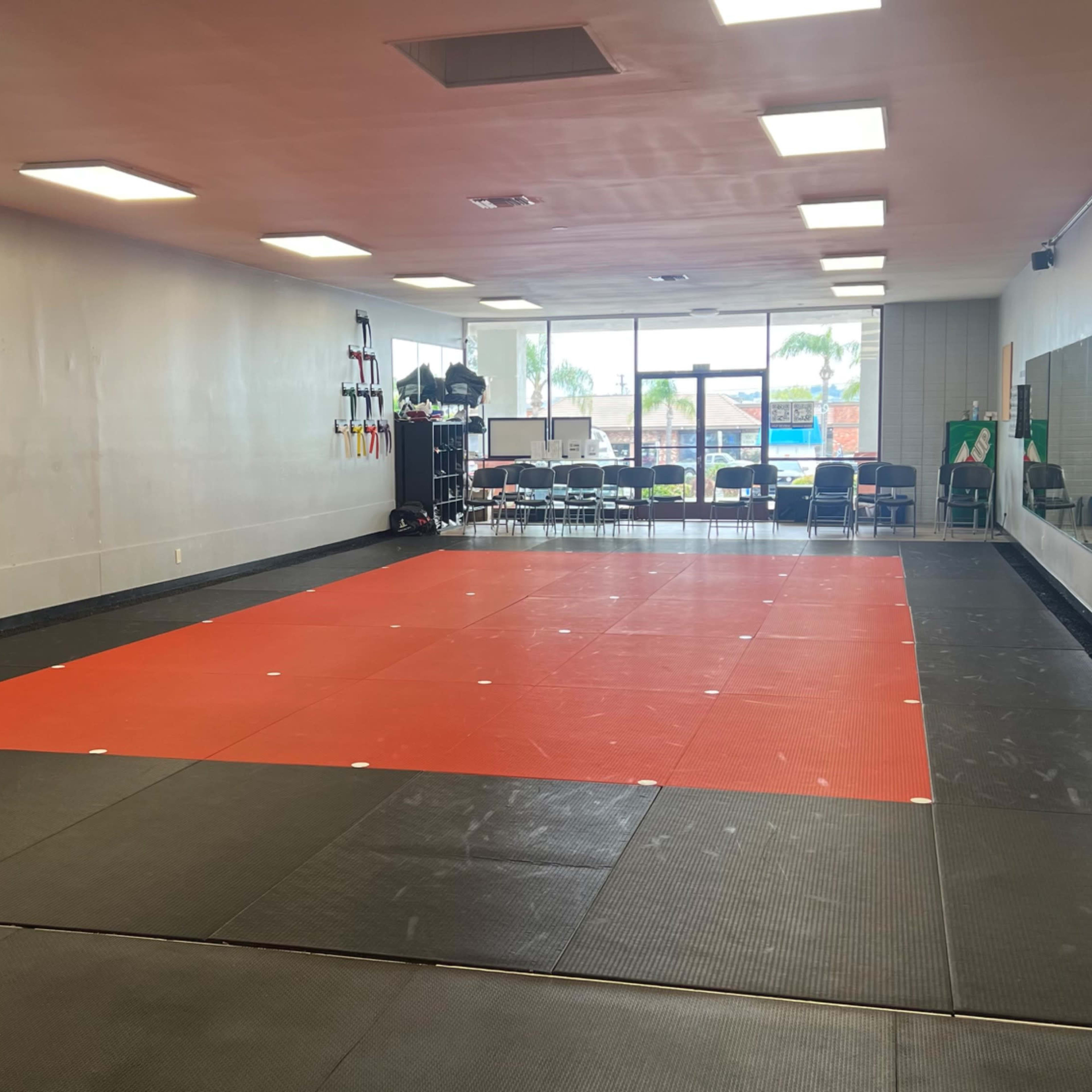 A sparsely furnished training studio with black and red mats, mirrors on one wall, and large windows on the opposite side.