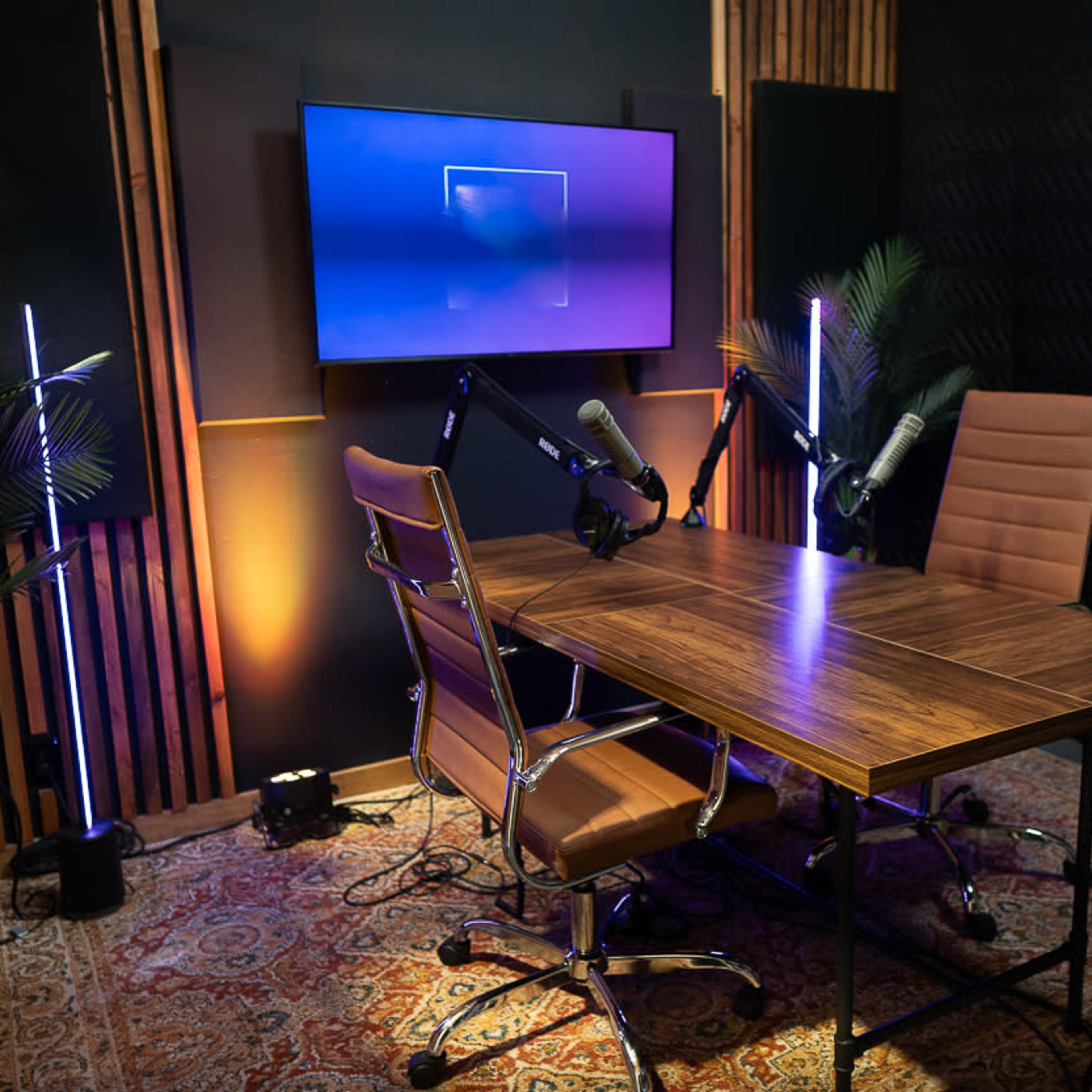 A podcast studio setup with a wooden table, two chairs, microphones, and a large screen, surrounded by acoustic panels and plants.