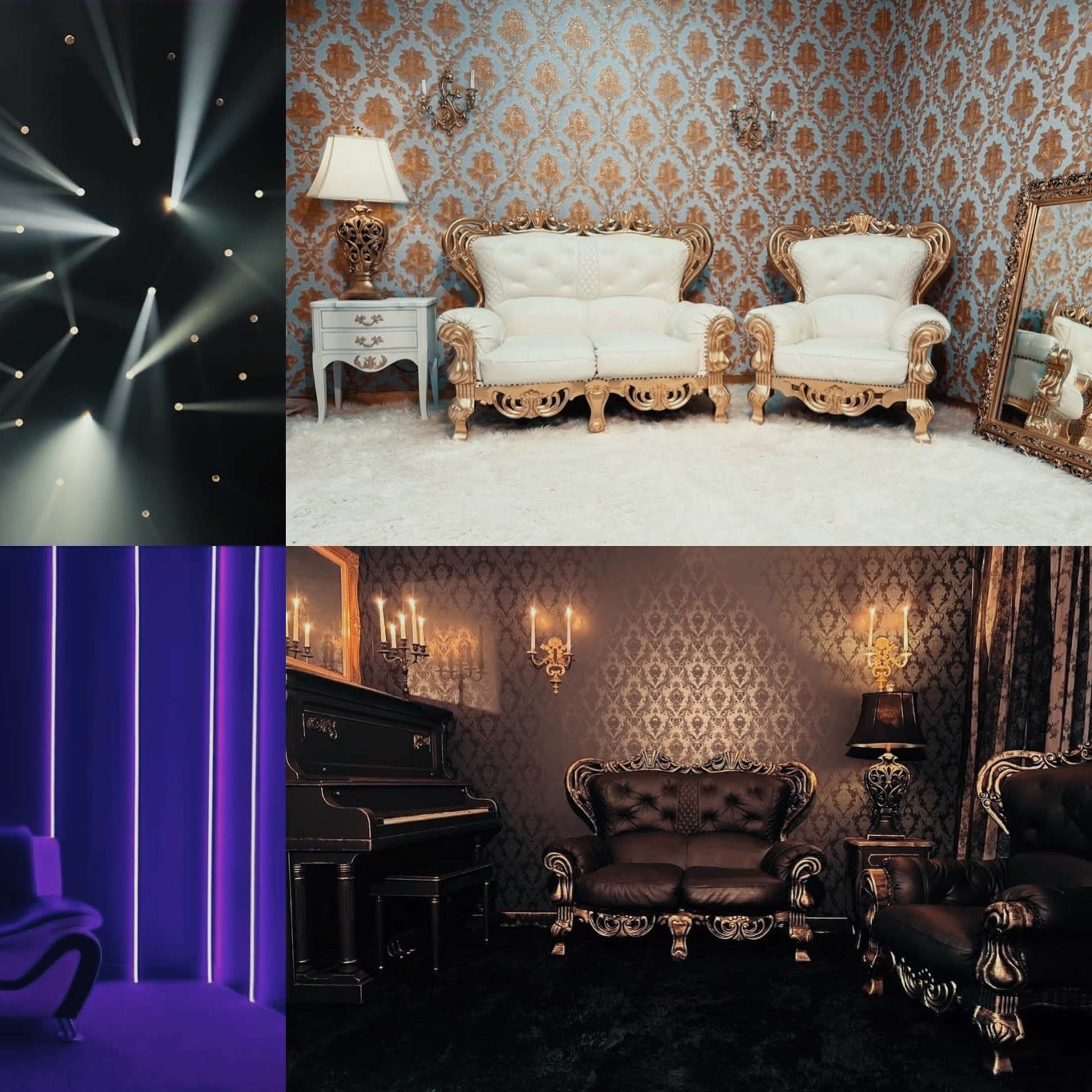 Four distinct interior scenes: the top left showcases dramatic beams of light, the top right displays an elegant sitting area with ornate furniture, the bottom left features a modern purple-lit room with a sleek couch, and the bottom right presents a luxurious space with intricate wallpaper and dark furniture.