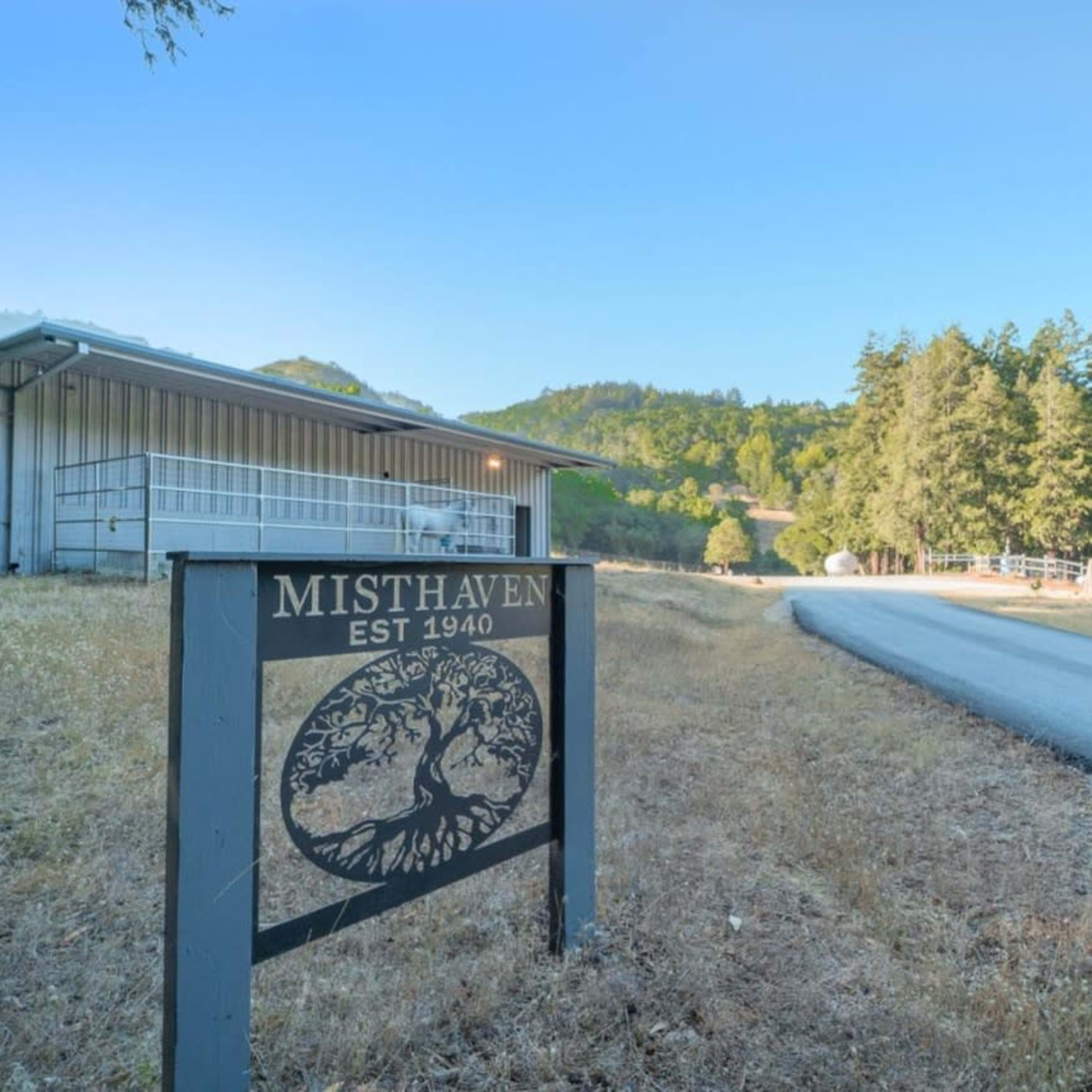A sign for "Misthaven" established in 1940 is positioned in front of a road leading to a building surrounded by trees and hills.