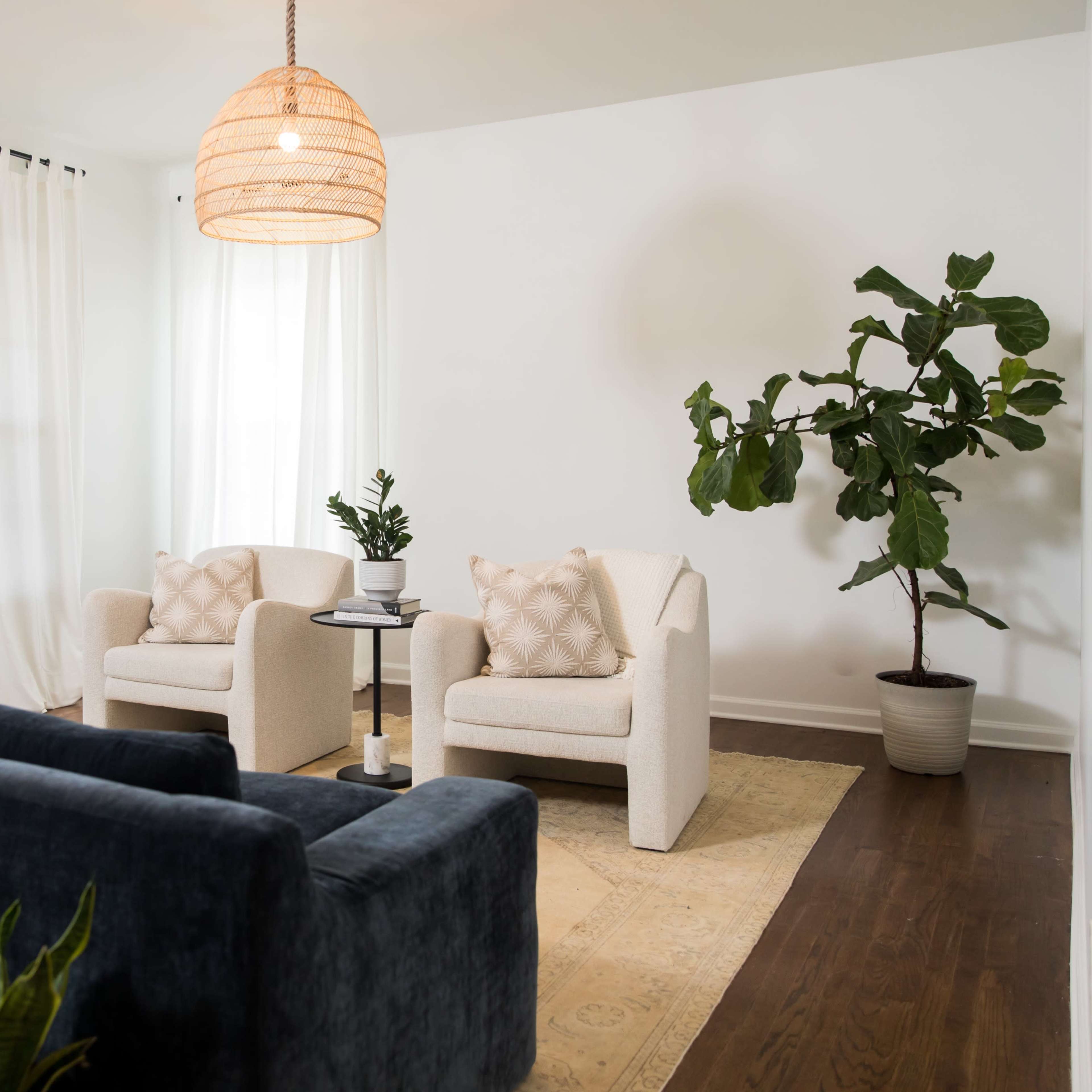 A modern living room featuring a dark blue sofa, two light-colored armchairs, a coffee table, a potted plant, and large windows with white curtains.