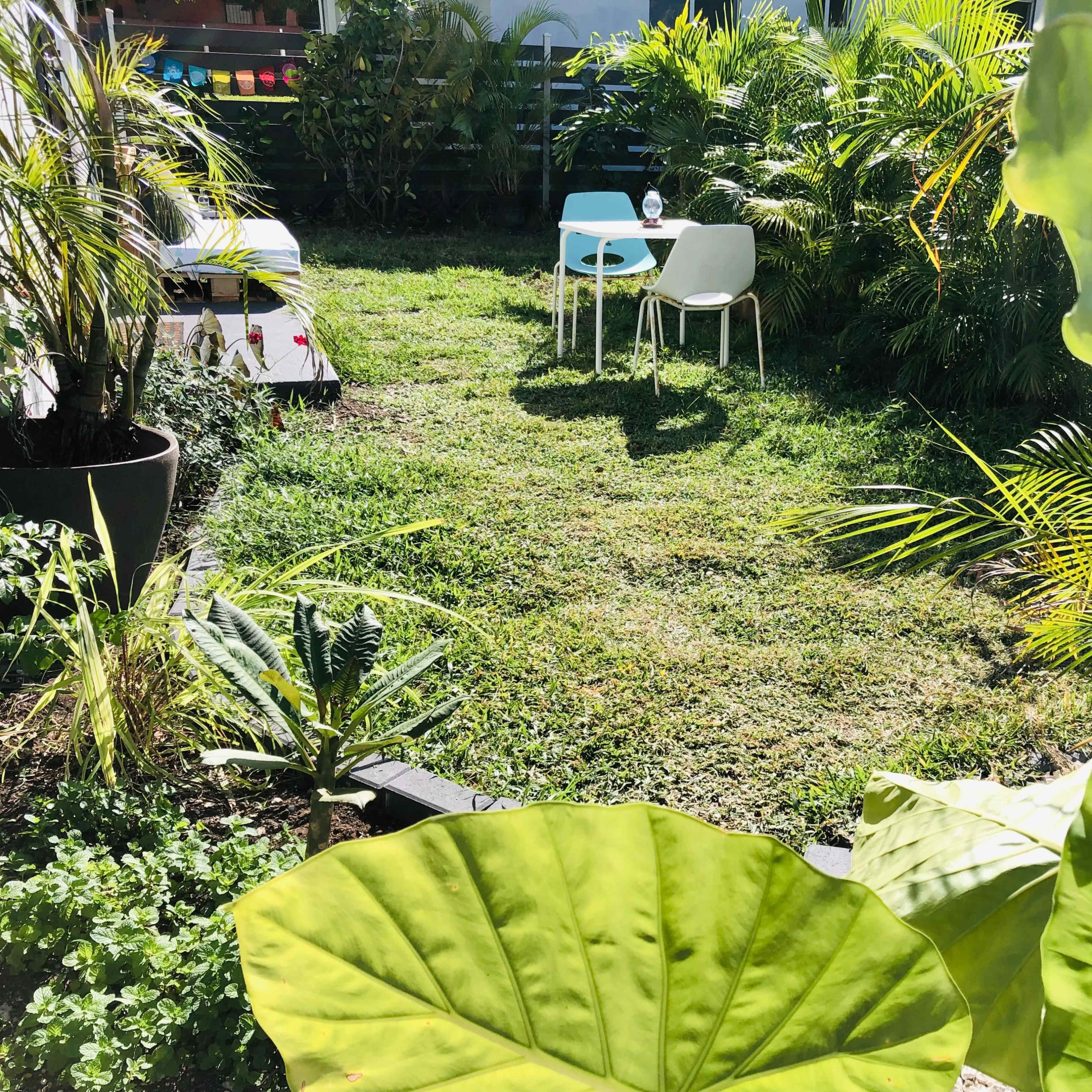 A lush garden with green grass, a table set for two, and various tropical plants surrounding the area.