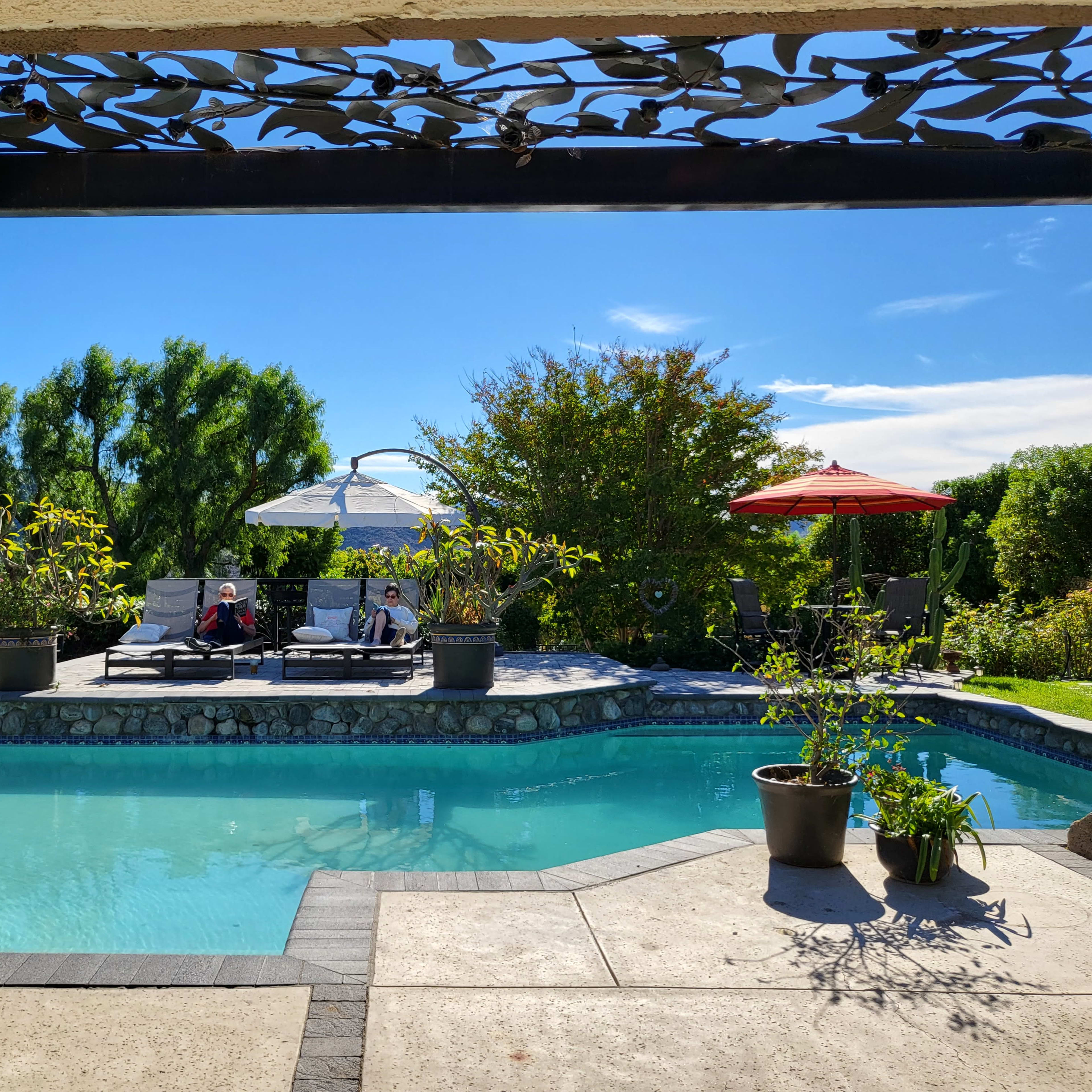 A pool area features lounge chairs, a sunshade, and surrounding greenery under a clear blue sky.