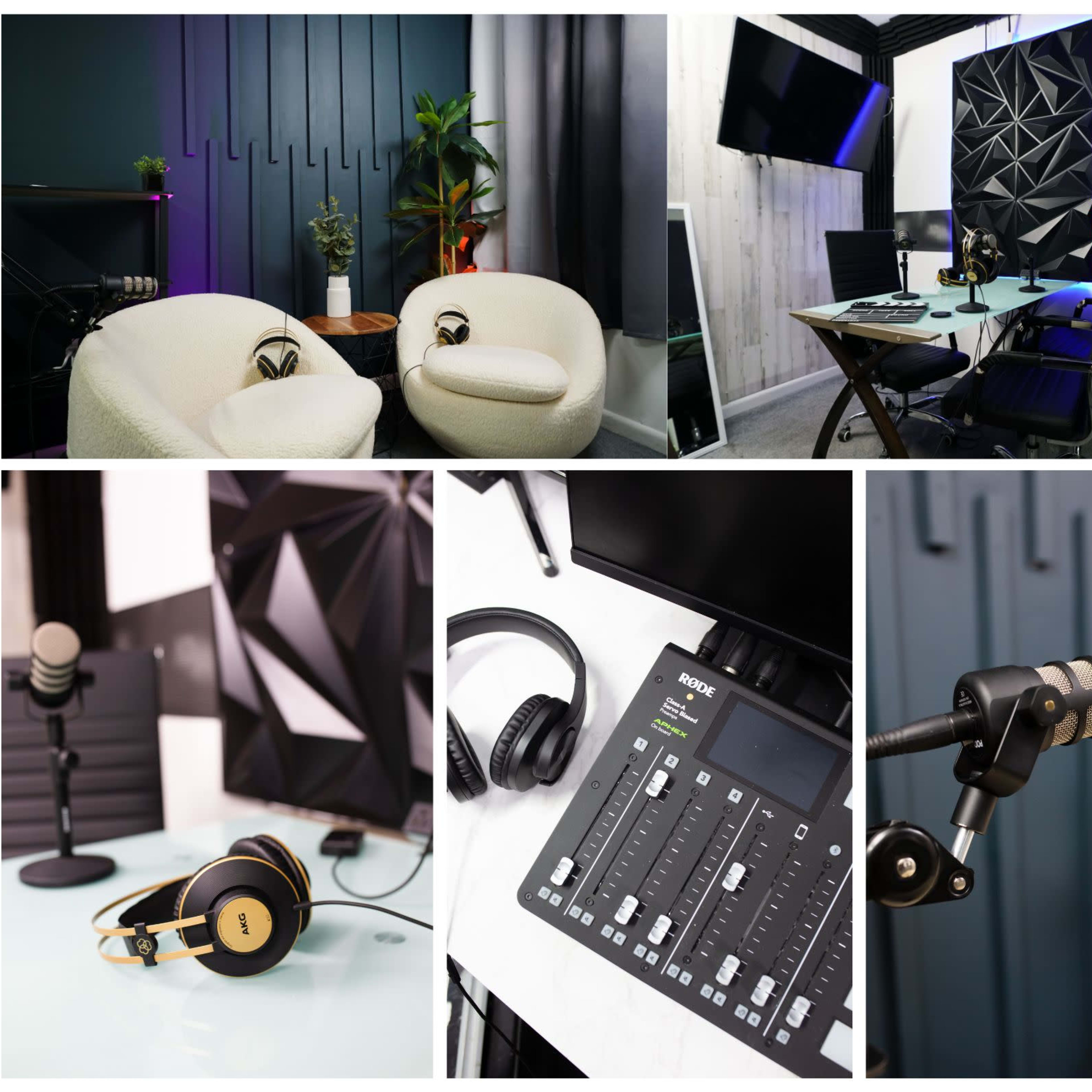 A modern studio setup featuring microphones, headphones, a sound mixer, and a stylish seating area.