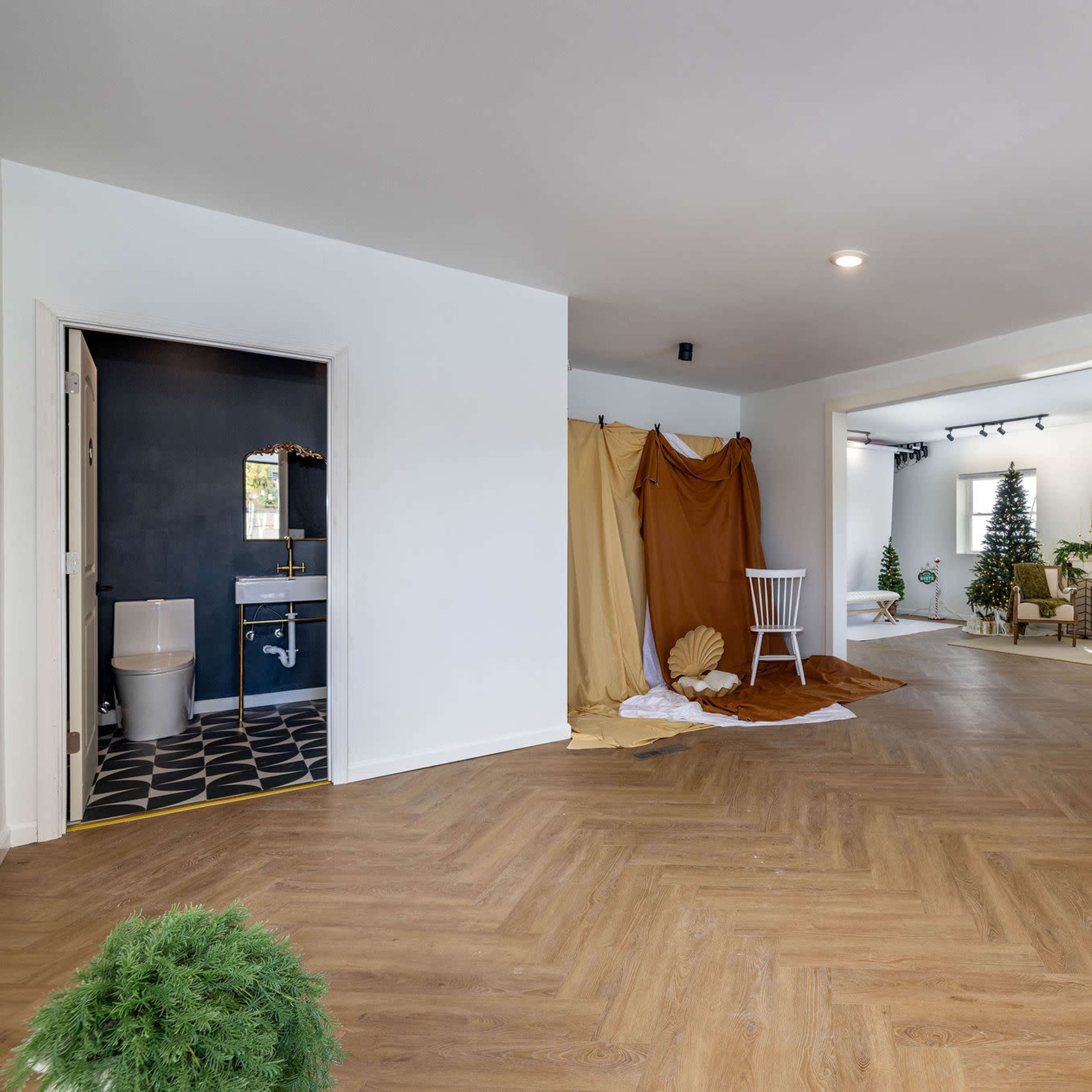 A spacious, empty room with wooden flooring, featuring a bathroom door on the left and a decorative area with draped fabric and plants in the background.