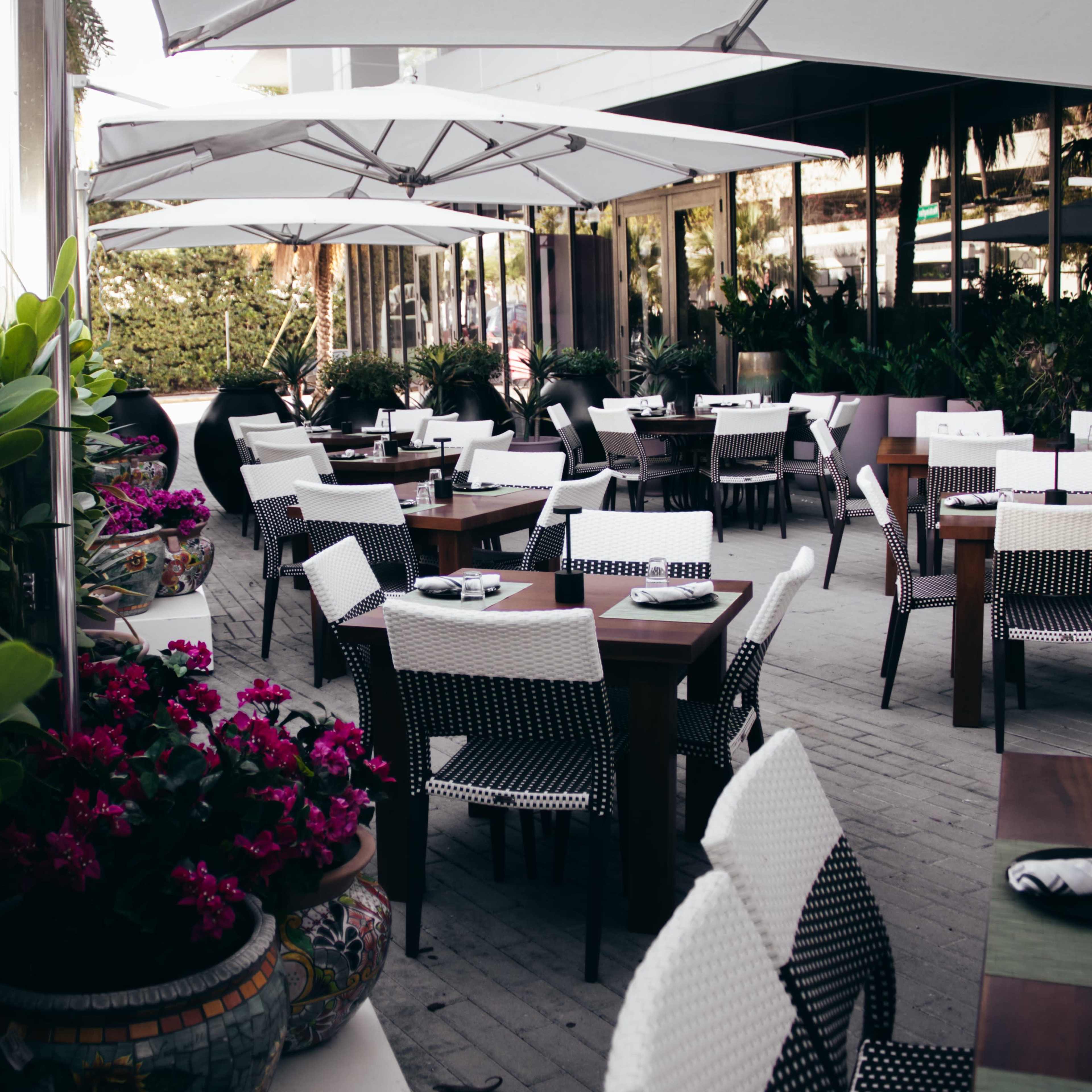 An outdoor restaurant patio features tables and chairs arranged neatly among potted plants and flowers.