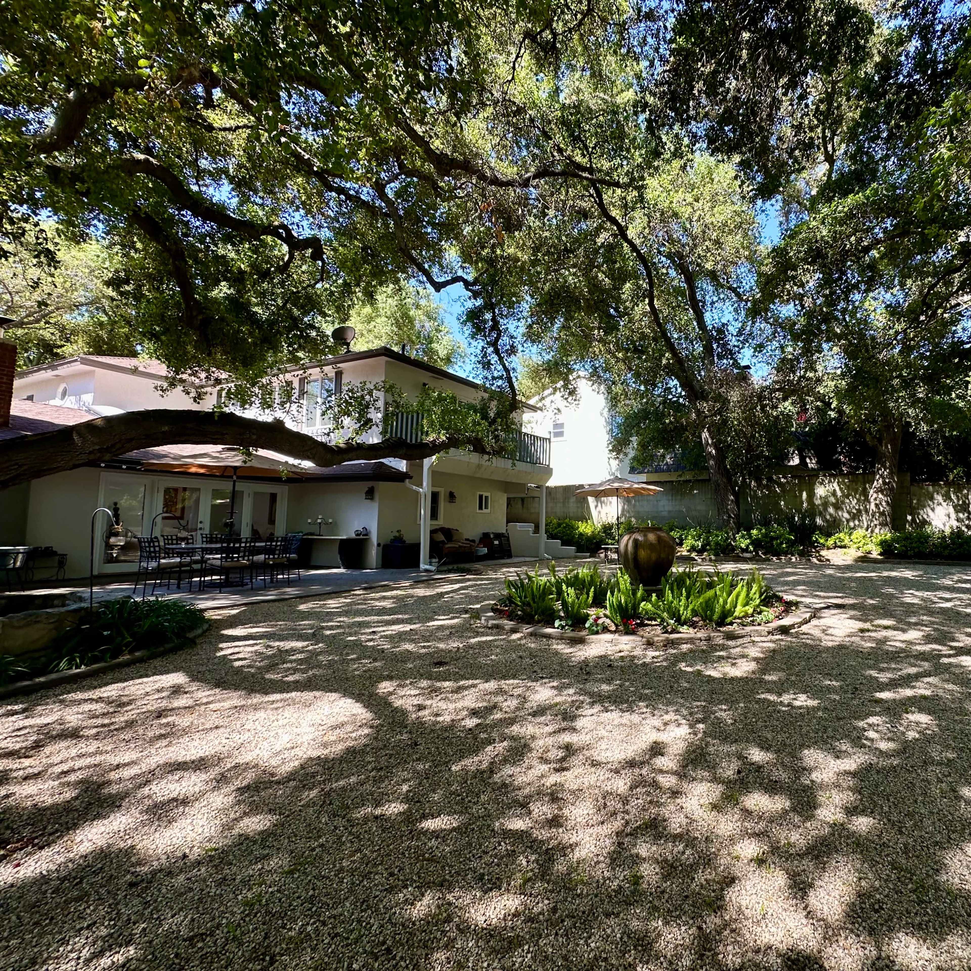 A spacious garden with a gravel surface is bordered by trees and features green plants and a modern two-story house in the background.