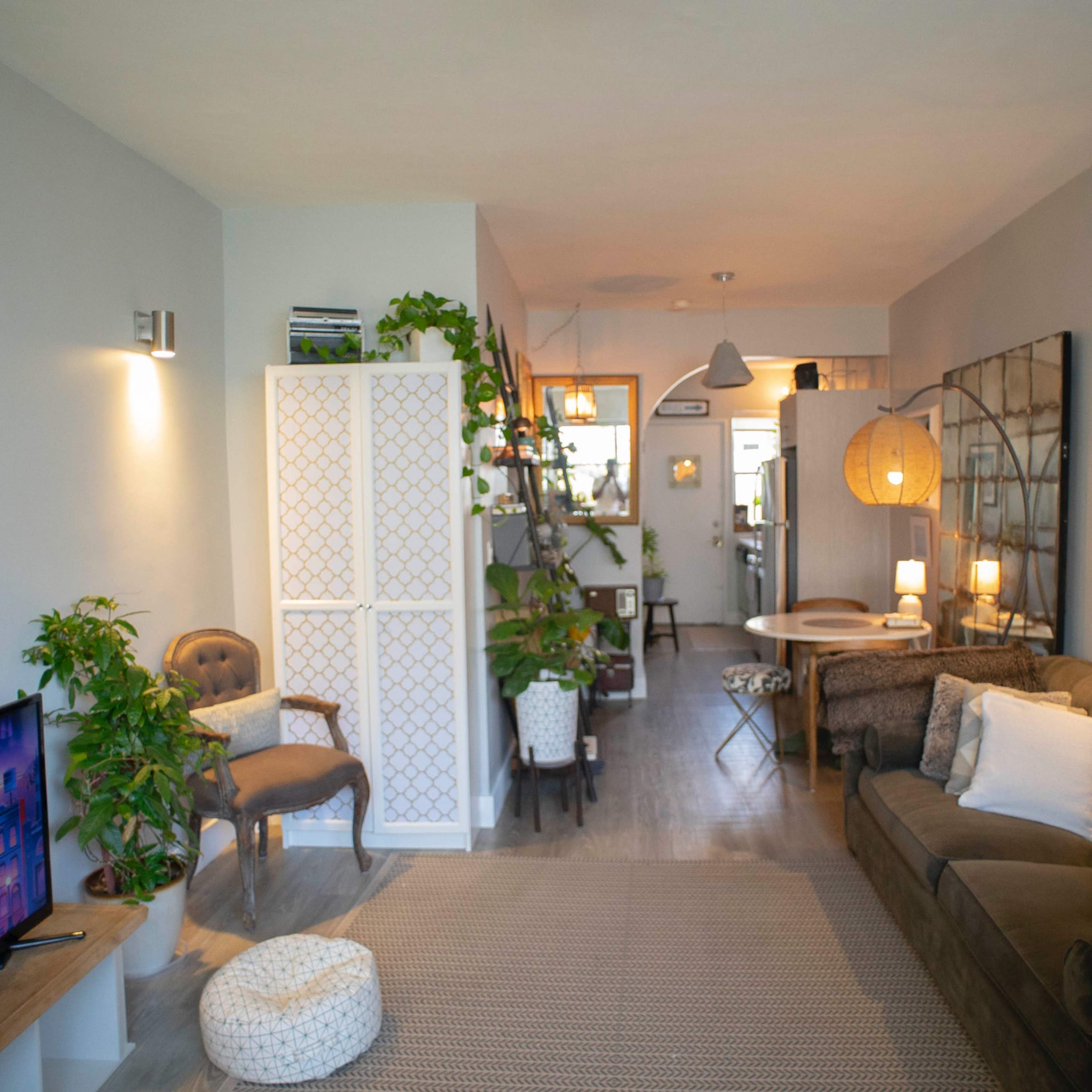 A cozy living room with a sofa, a television, plants, and a dining area in the background.