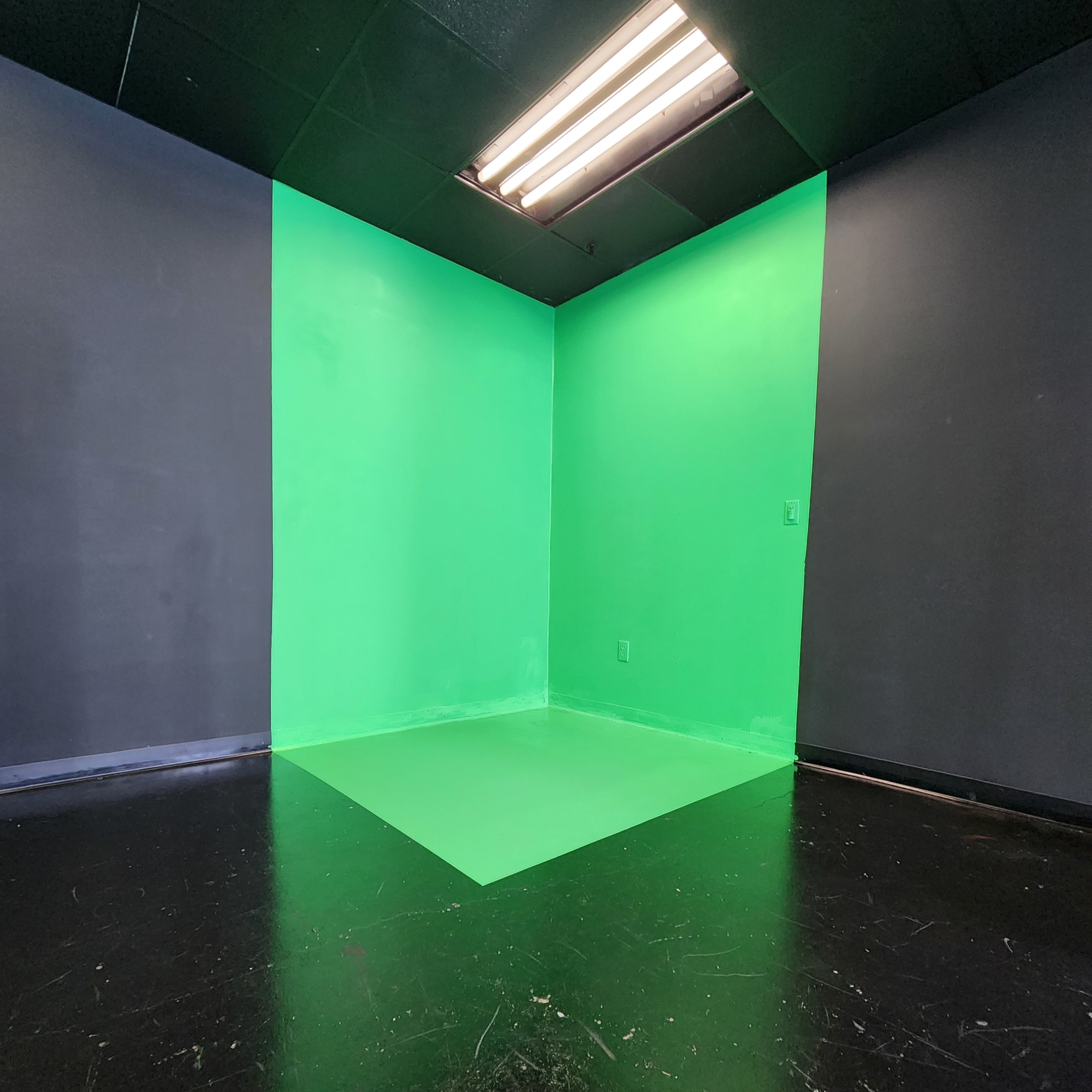 A room with a green painted wall and floor section, highlighted by overhead fluorescent lights.