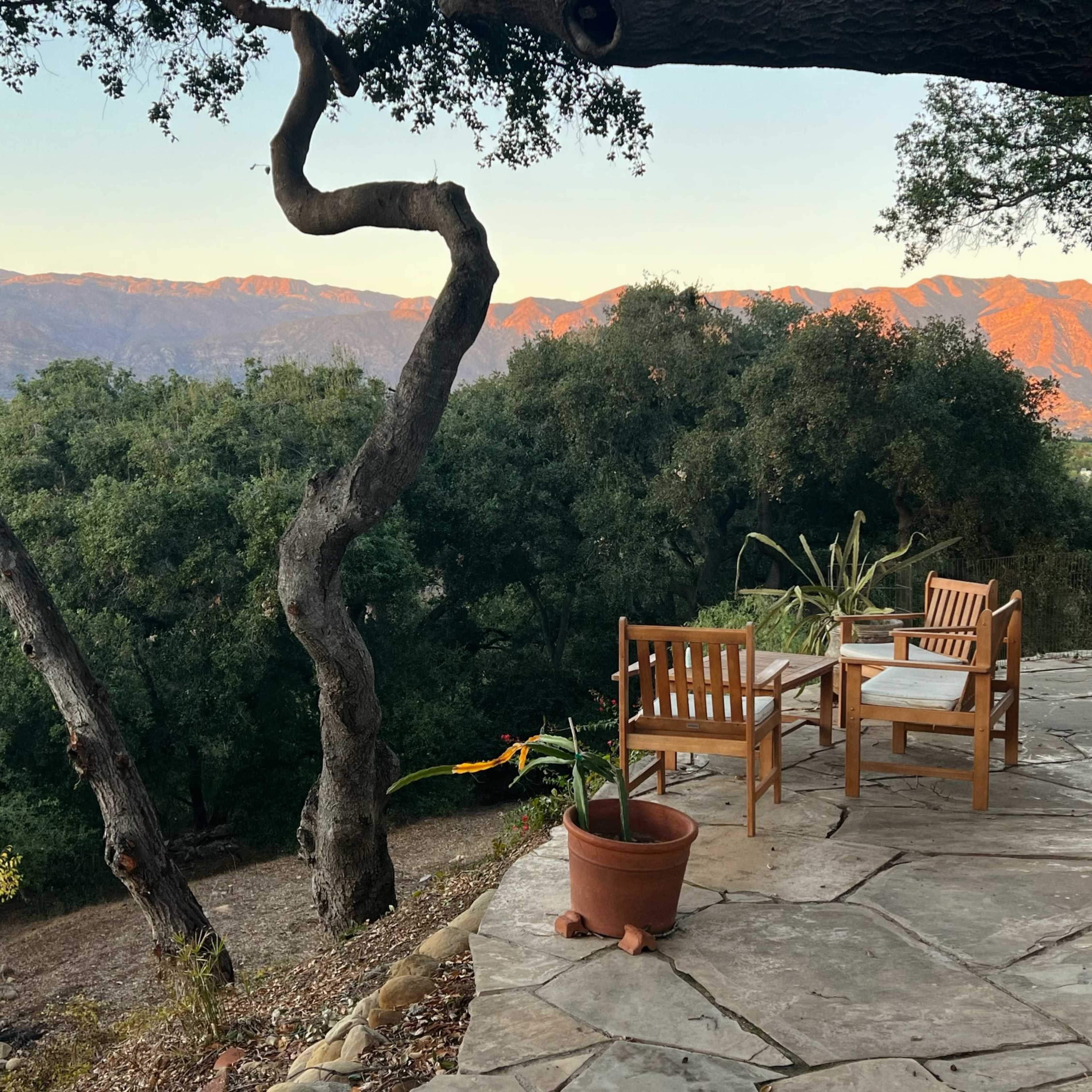 A curved tree stands near a patio with two wooden chairs overlooking a mountainous landscape at sunset.