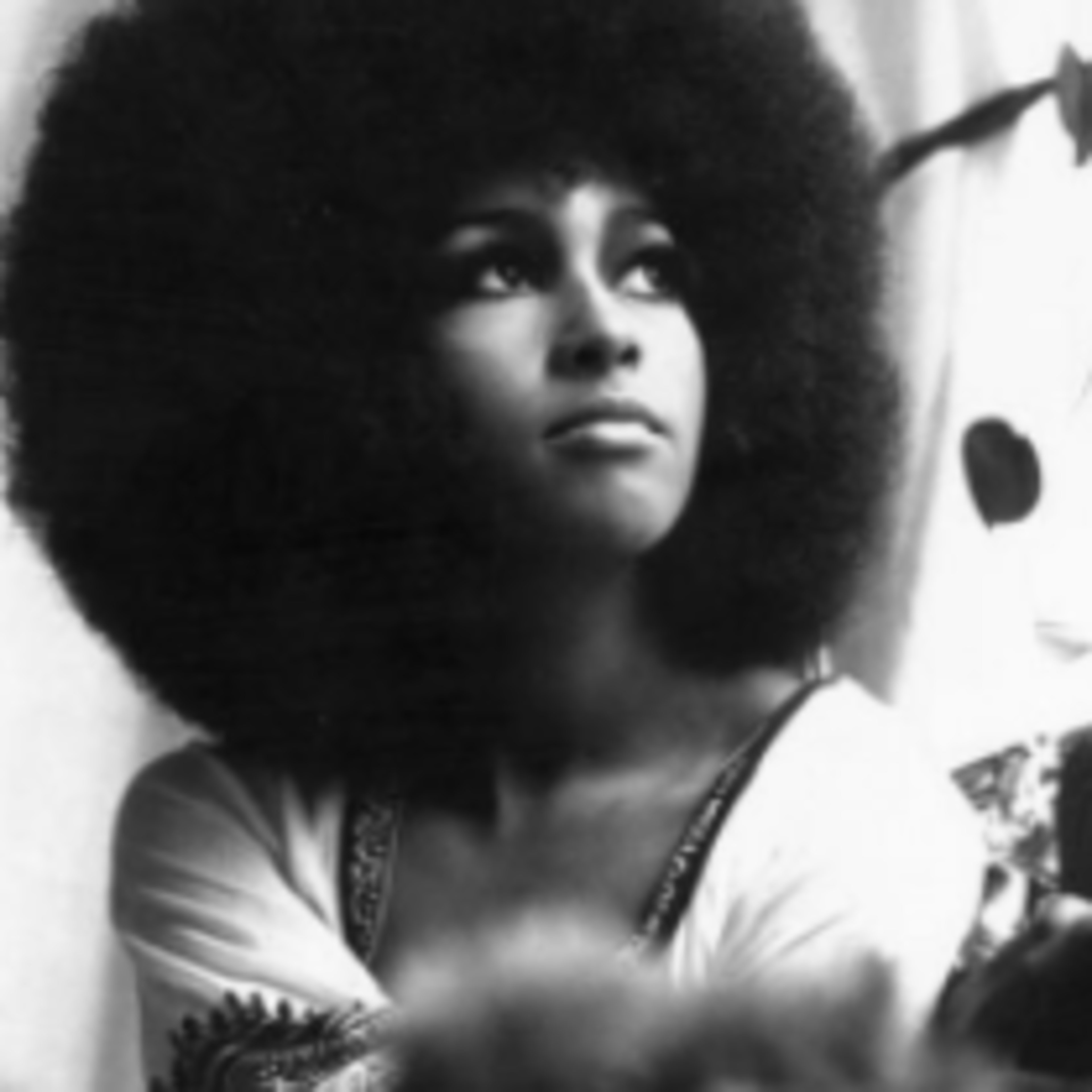 A woman with a large afro hairstyle poses while looking thoughtfully off to the side.