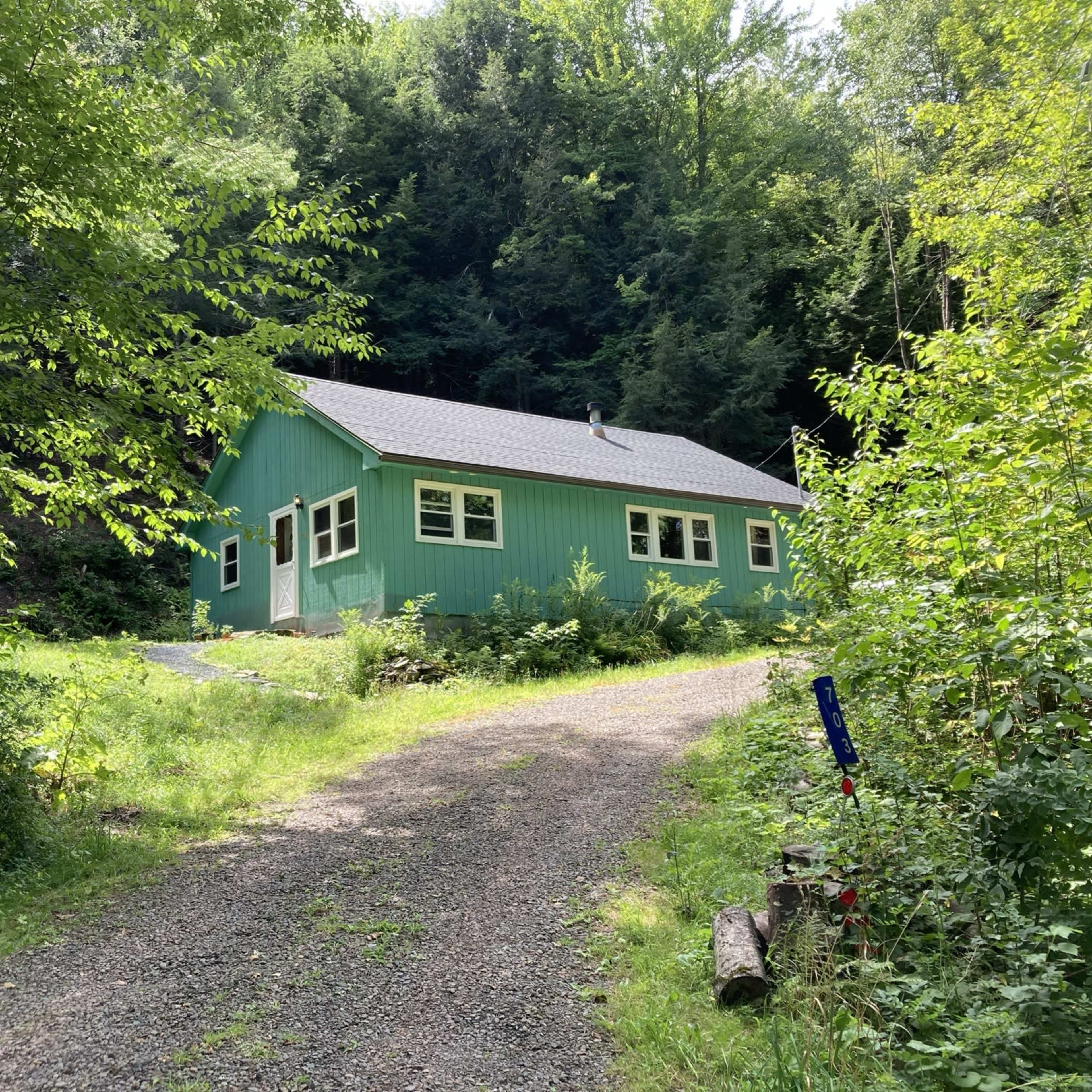 A green house is situated at the end of a gravel driveway, surrounded by lush greenery and trees.