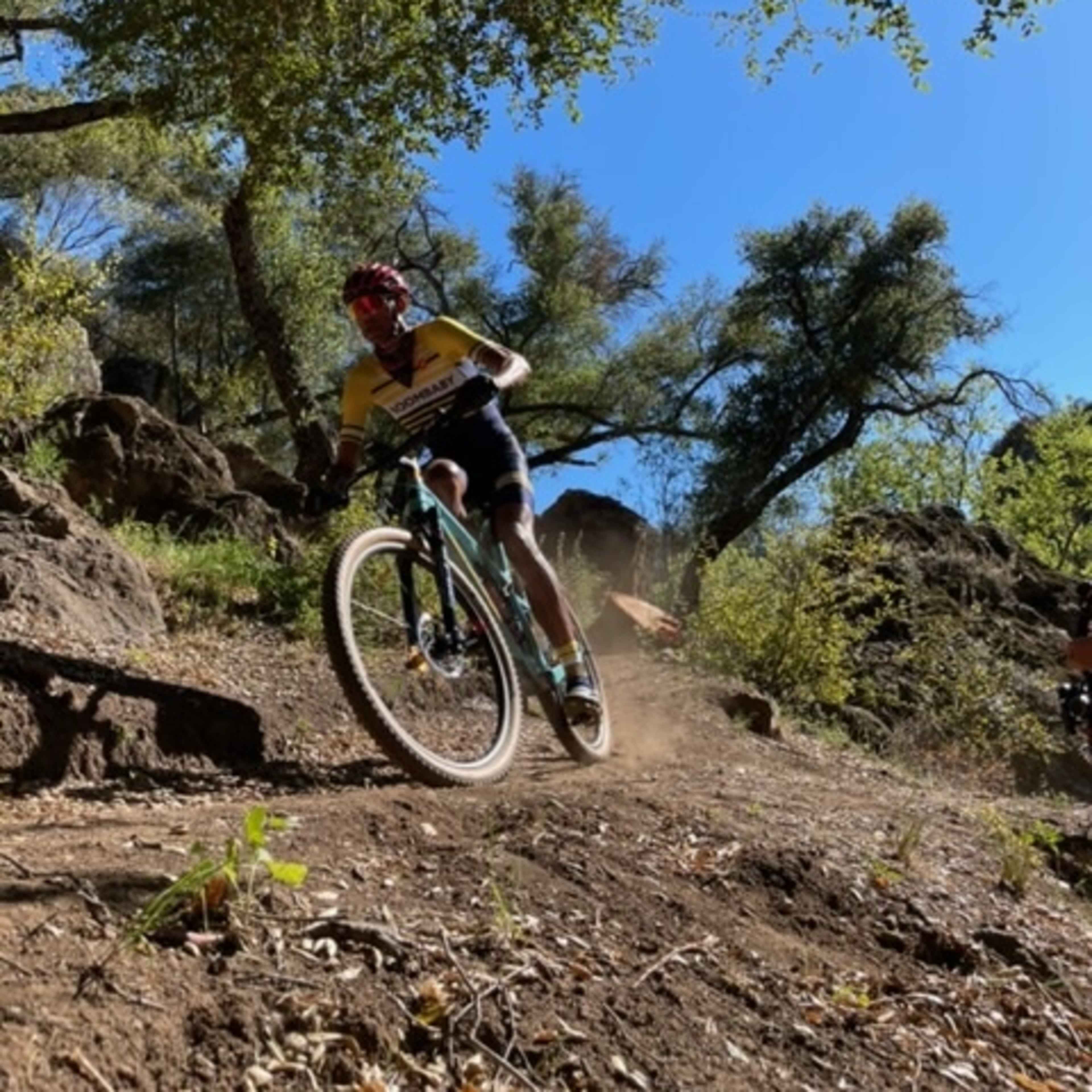 A mountain biker navigates a dusty trail surrounded by trees and rocky terrain under a clear blue sky.