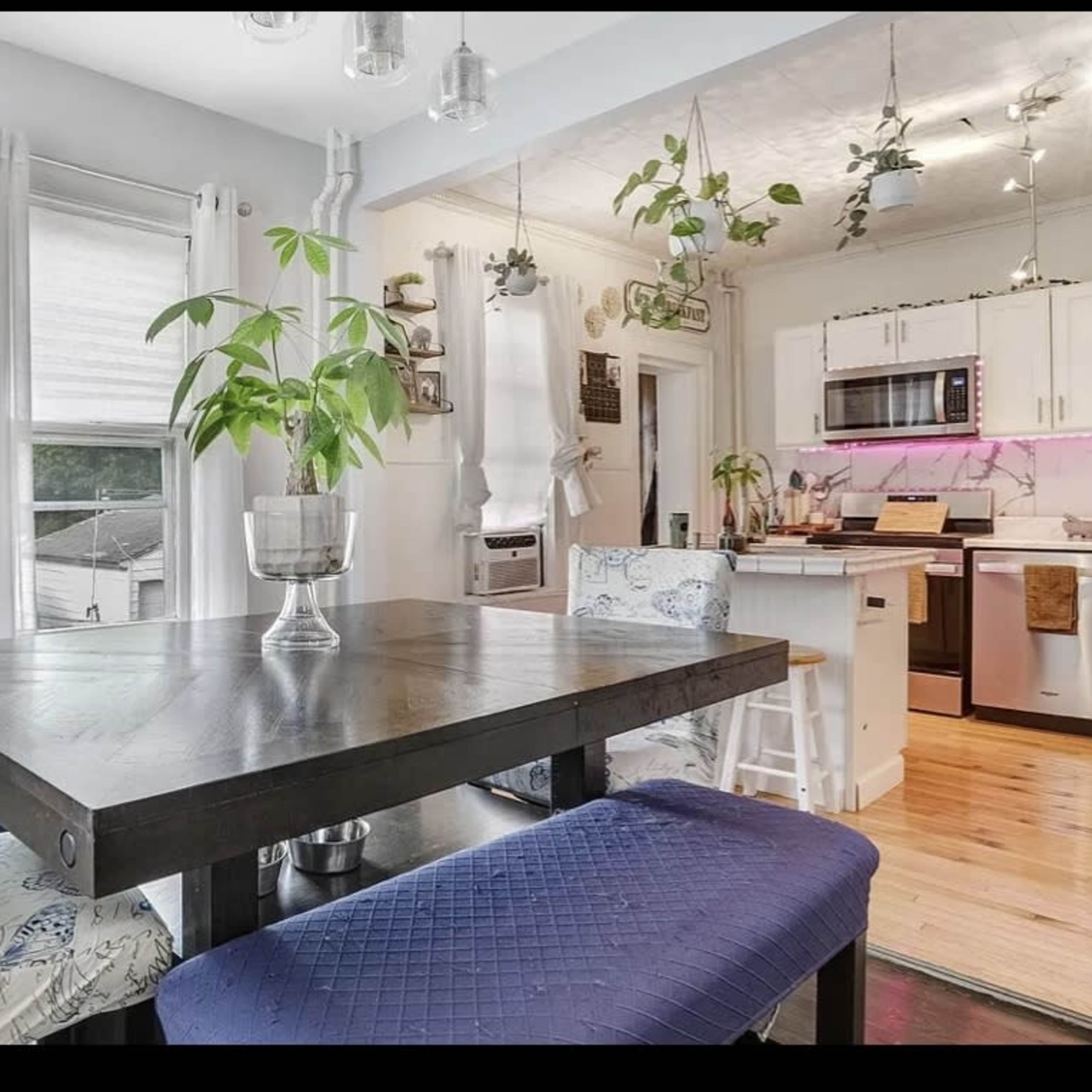 A dining area with a dark table and two upholstered chairs, adjacent to a kitchen featuring modern appliances and decorative plants.