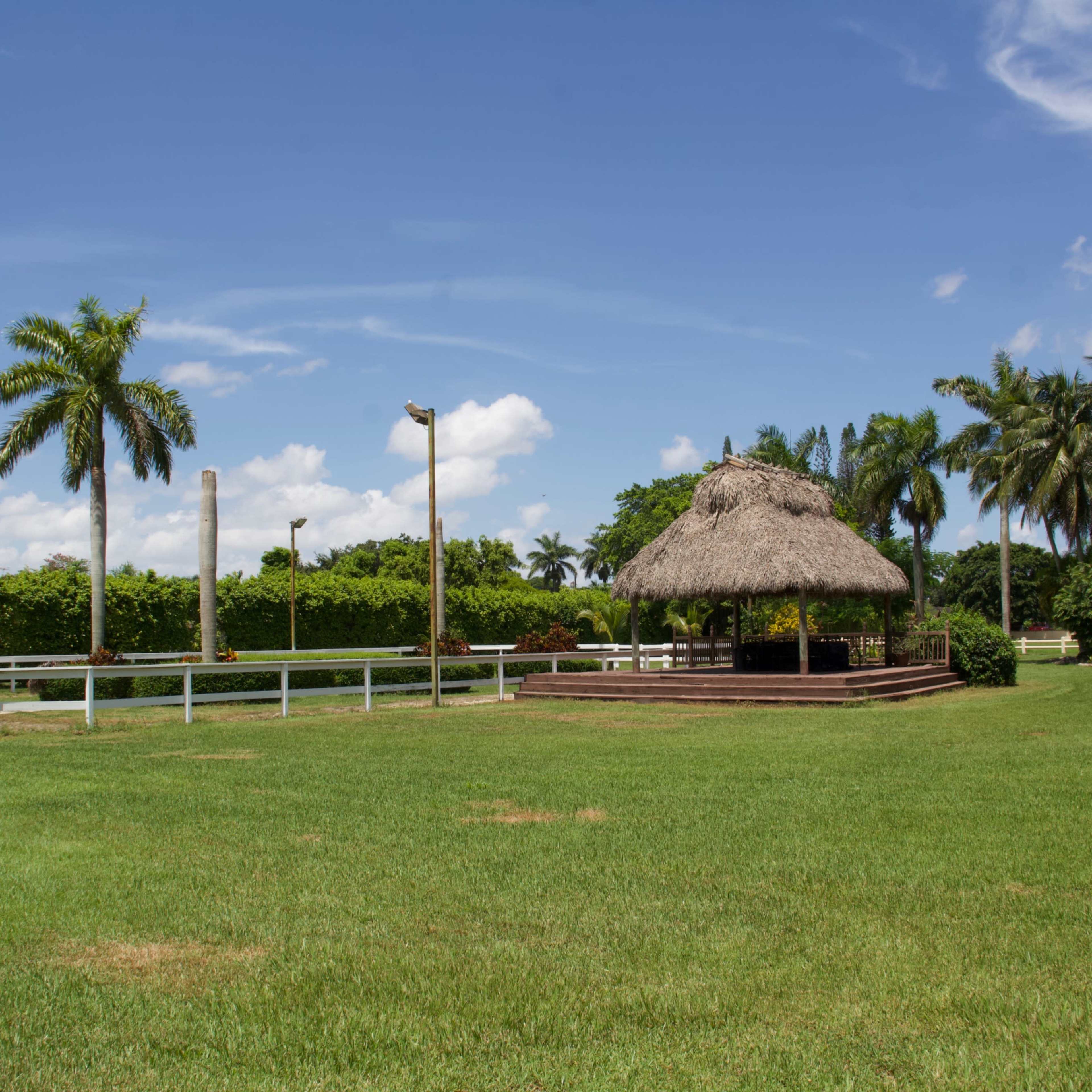 A grassy area features a thatched-roof gazebo surrounded by palm trees under a blue sky.