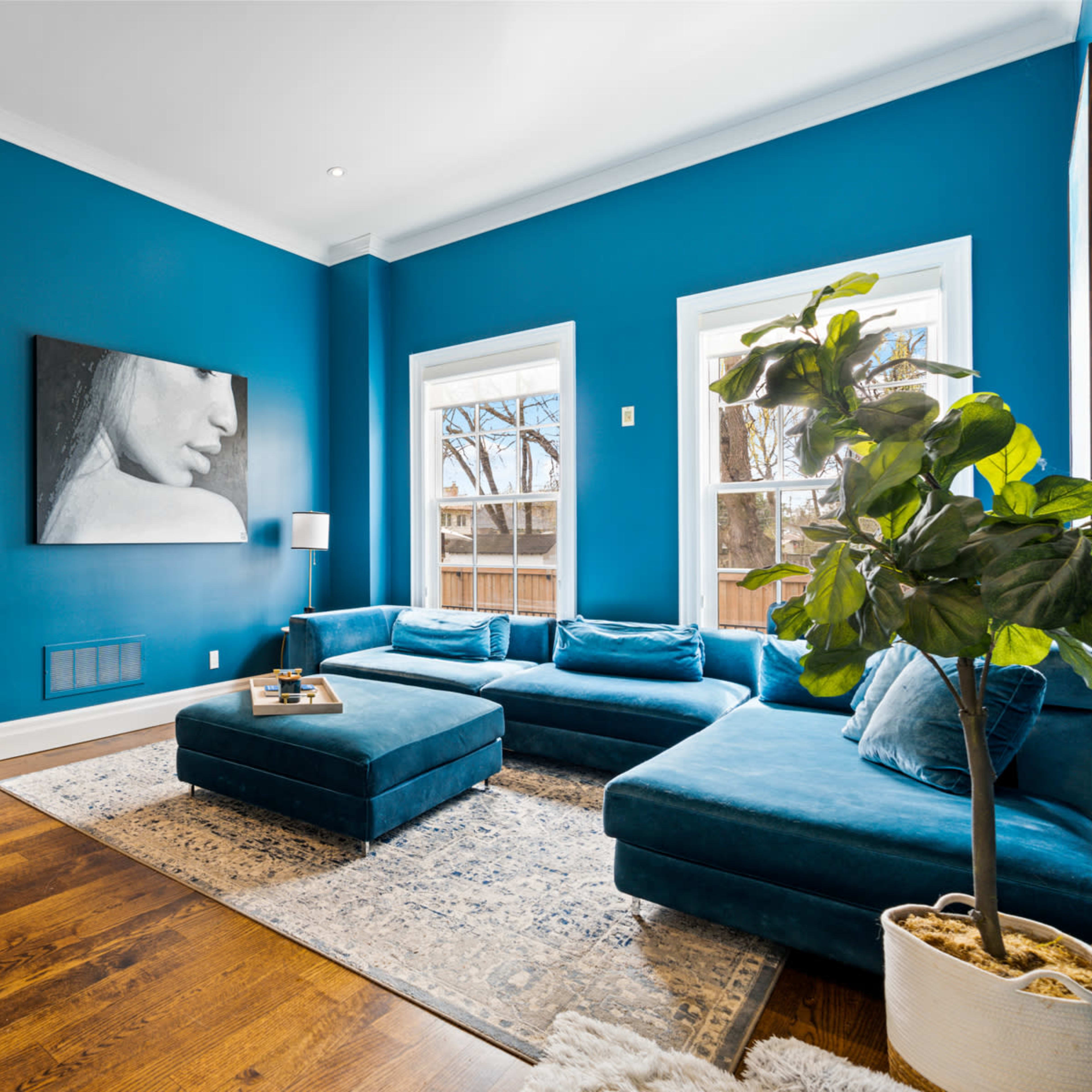 A living room with a blue accent wall, a large sectional sofa, and a decorative area rug, leading to an adjacent space with a kitchen.