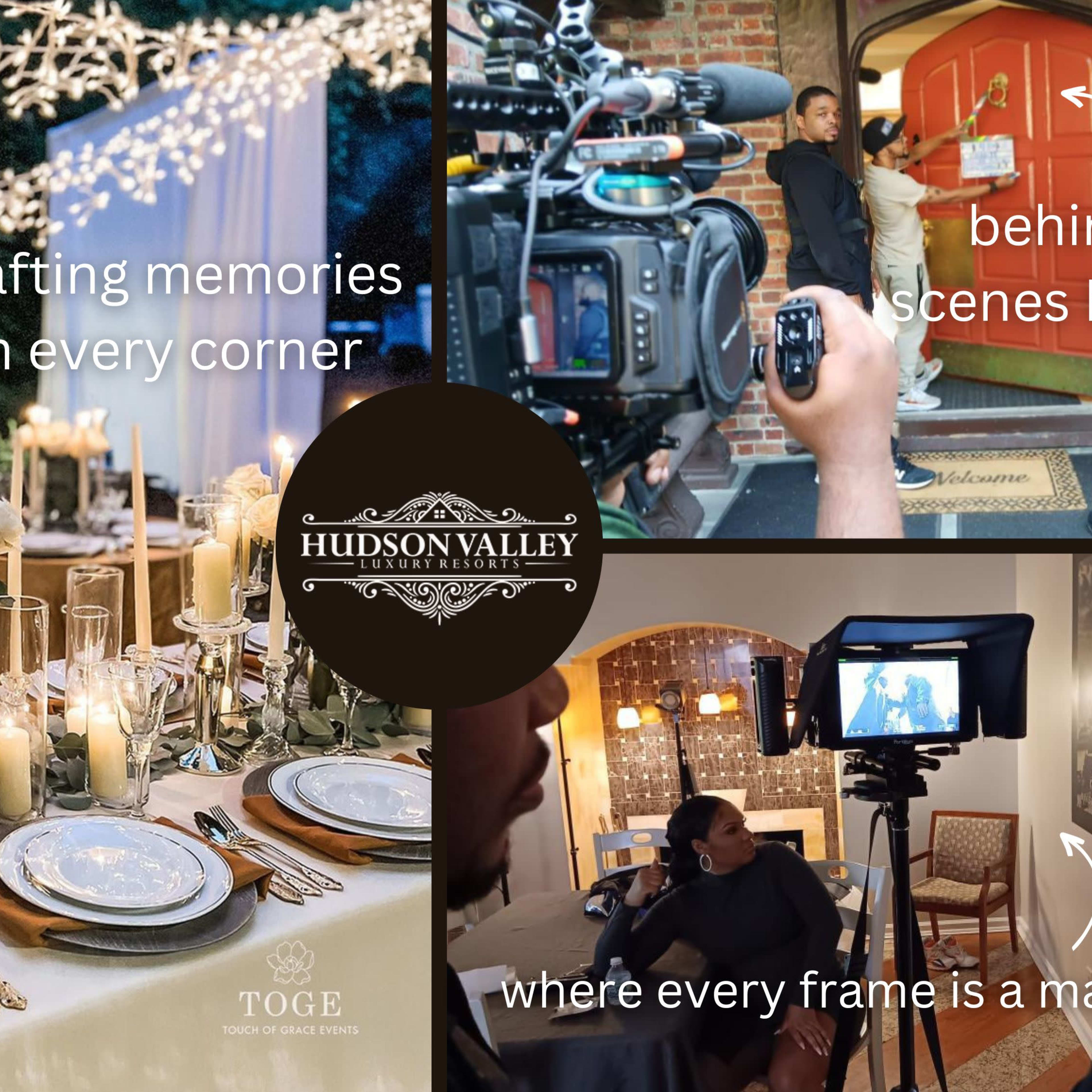 A well-decorated event space adorned with lights, a video production scene, and a logo for Hudson Valley.